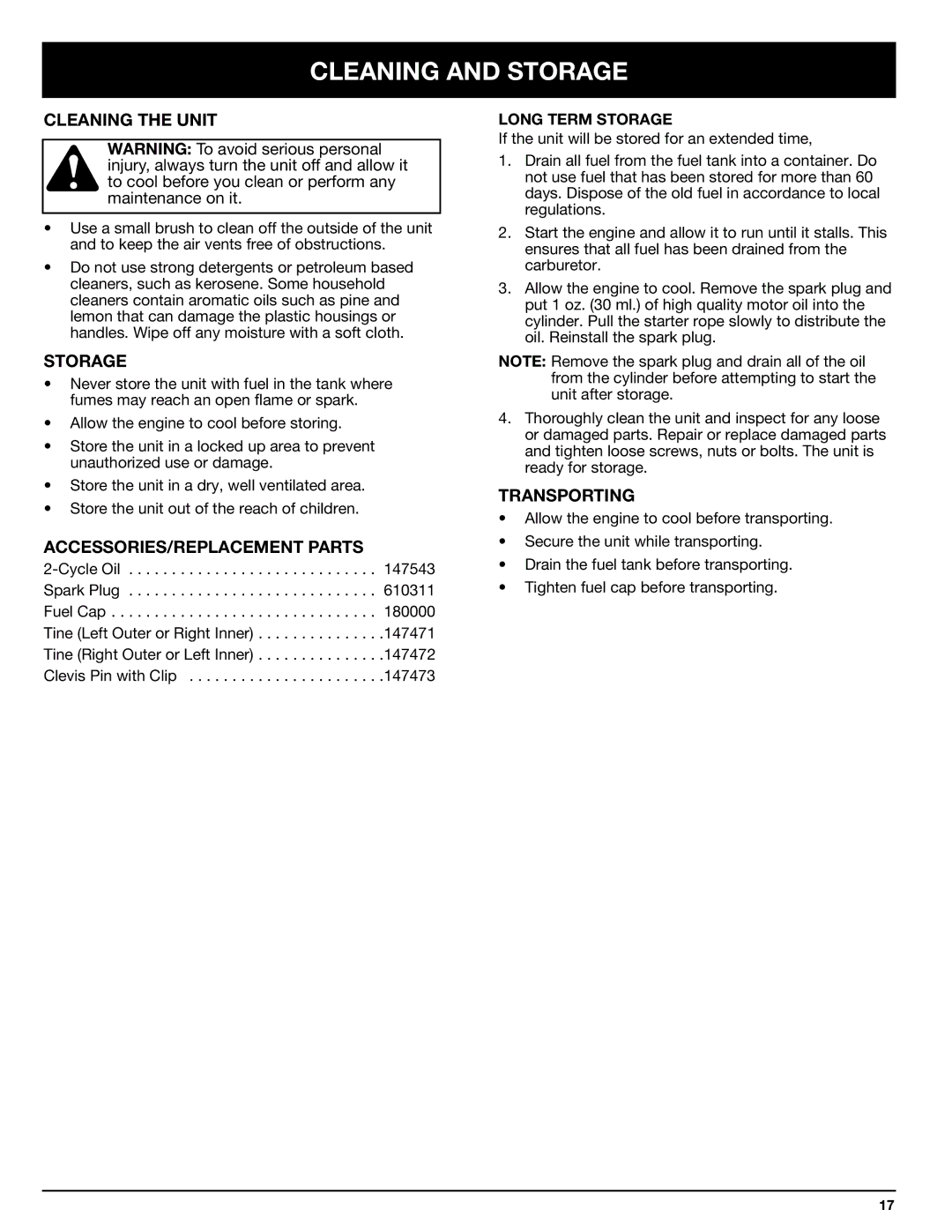 Ryobi 410r manual Cleaning and Storage, Cleaning the Unit, ACCESSORIES/REPLACEMENT Parts, Transporting 