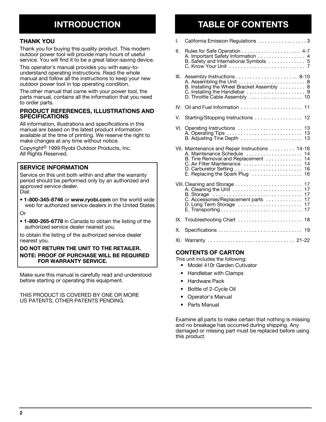 Ryobi 410r manual Introduction, Table of Contents 