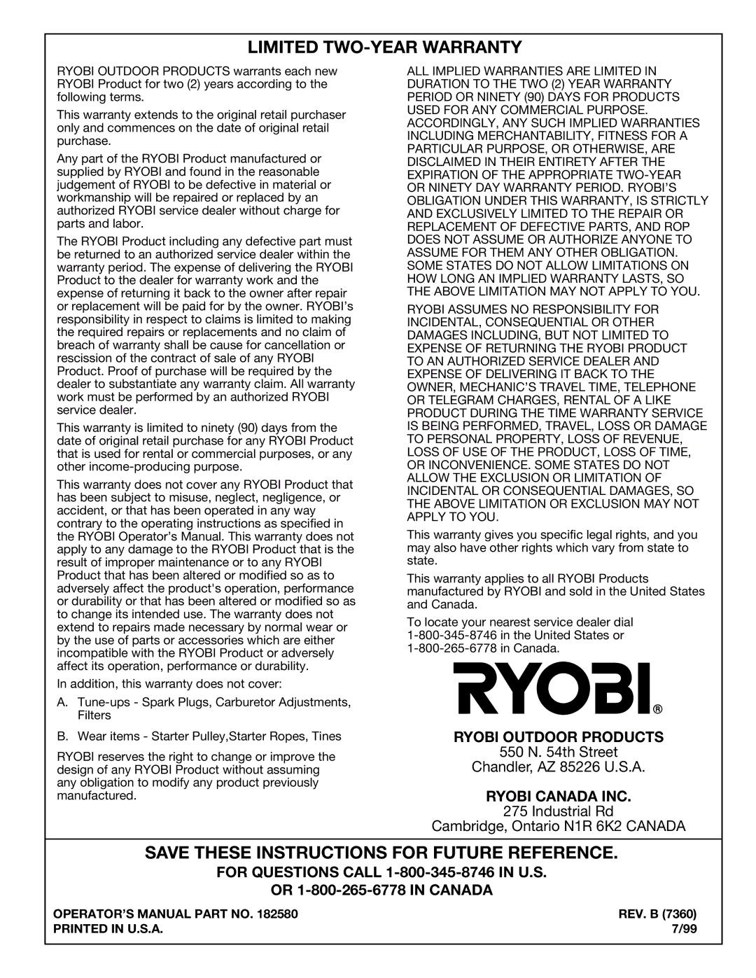 Ryobi 410r manual Limited TWO-YEAR Warranty, Rev. B 