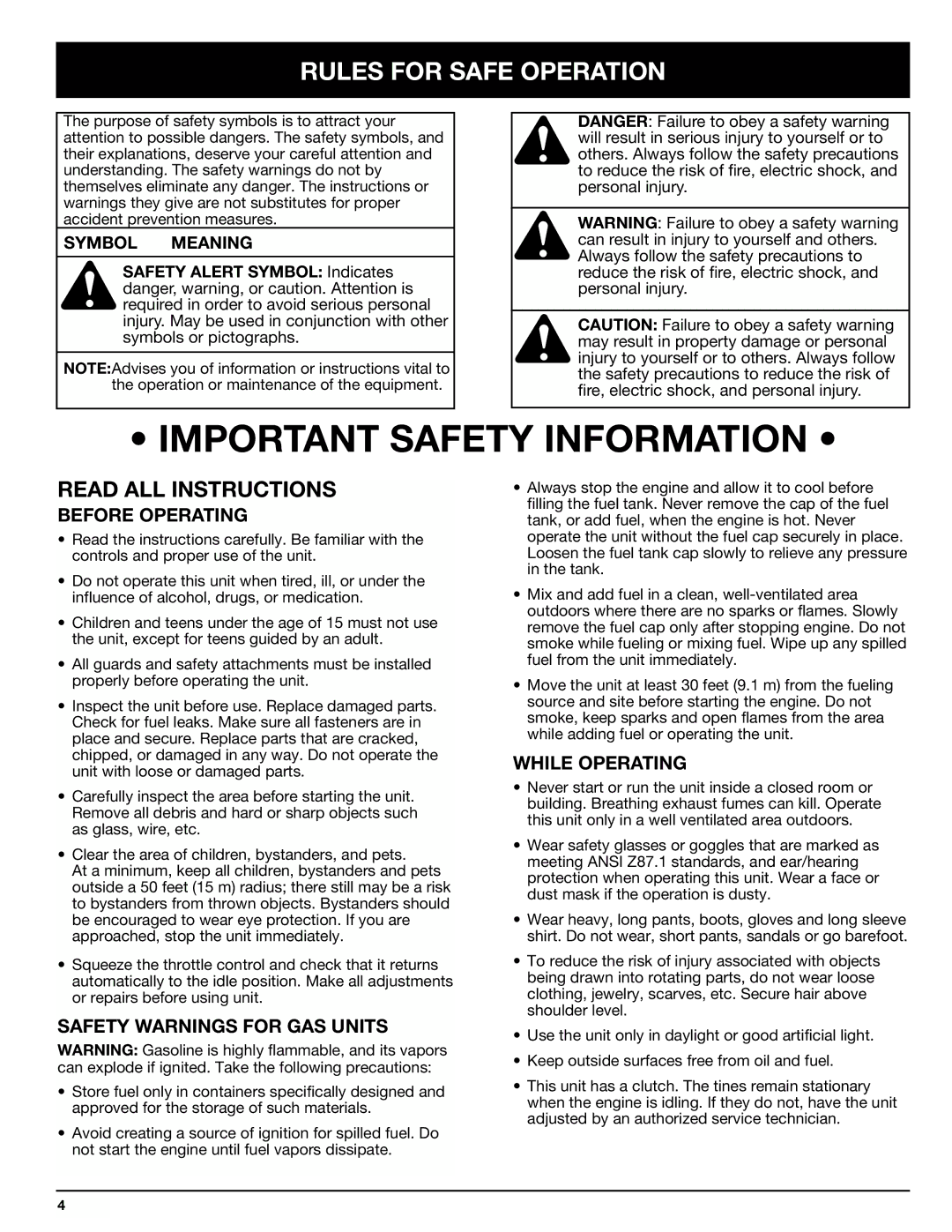 Ryobi 410r manual Rules for Safe Operation, Symbol Meaning 