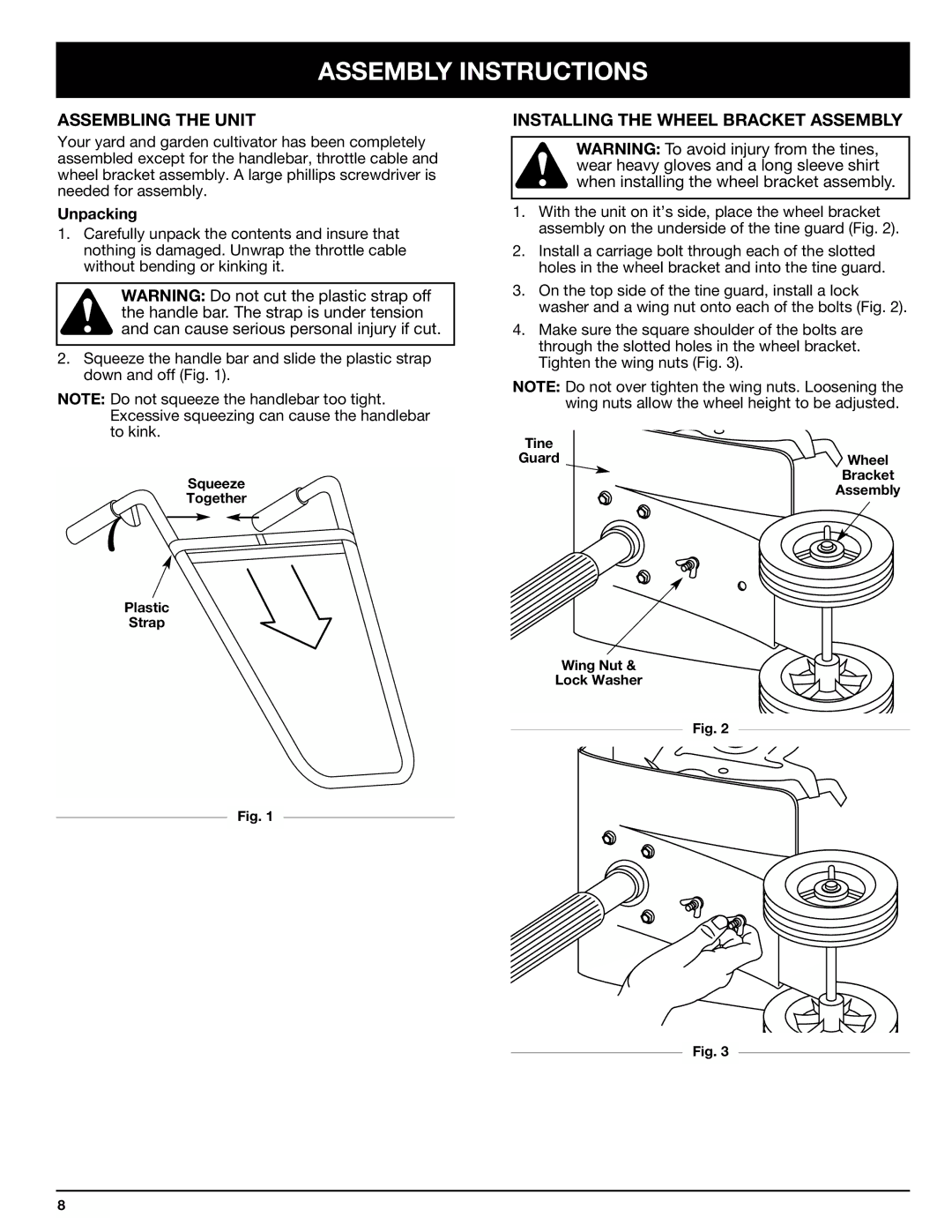 Ryobi 410r manual Assembly Instructions, Assembling the Unit, Installing the Wheel Bracket Assembly, Unpacking 