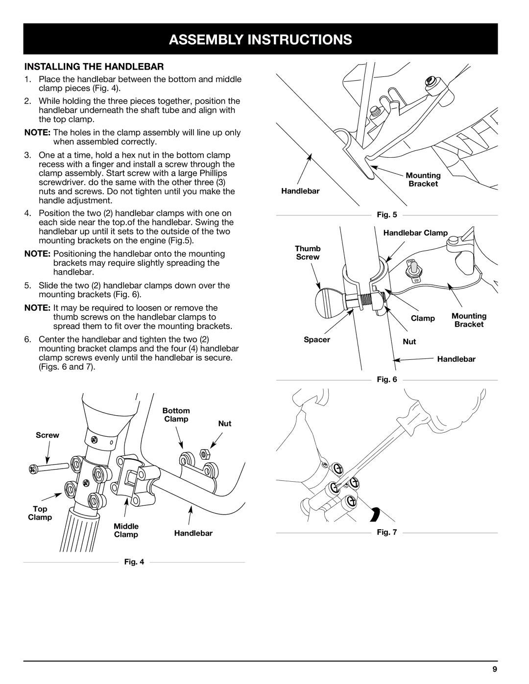 Ryobi 410r manual Installing the Handlebar 