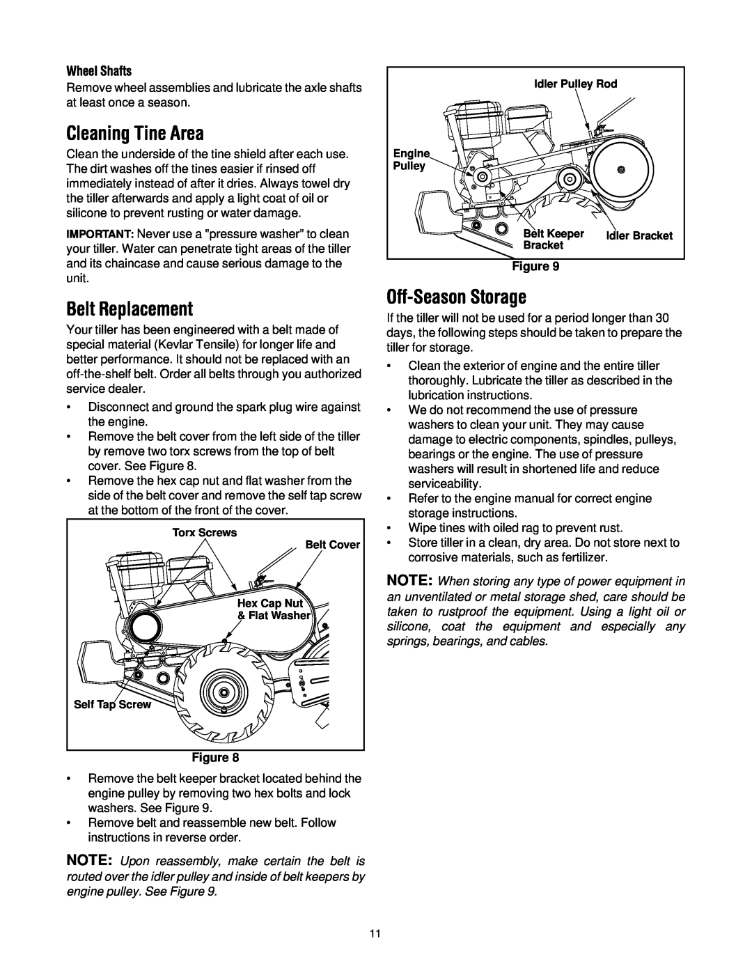 Ryobi 454 manual Cleaning Tine Area, Belt Replacement, Off-SeasonStorage, Wheel Shafts 