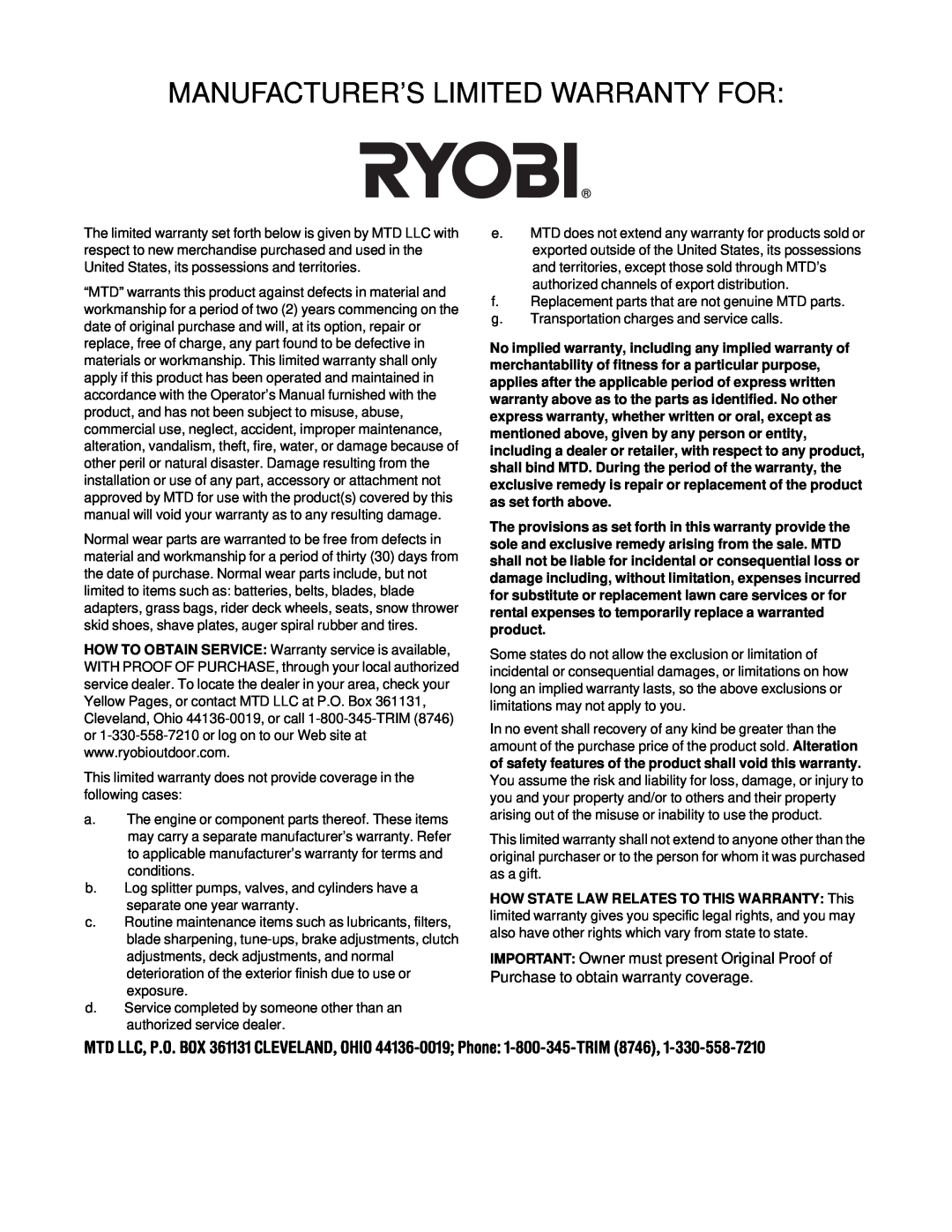 Ryobi 454 manual Manufacturer’S Limited Warranty For 