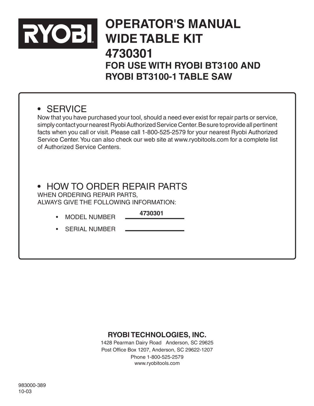 Ryobi 4730301 manual Service HOW to Order Repair Parts 