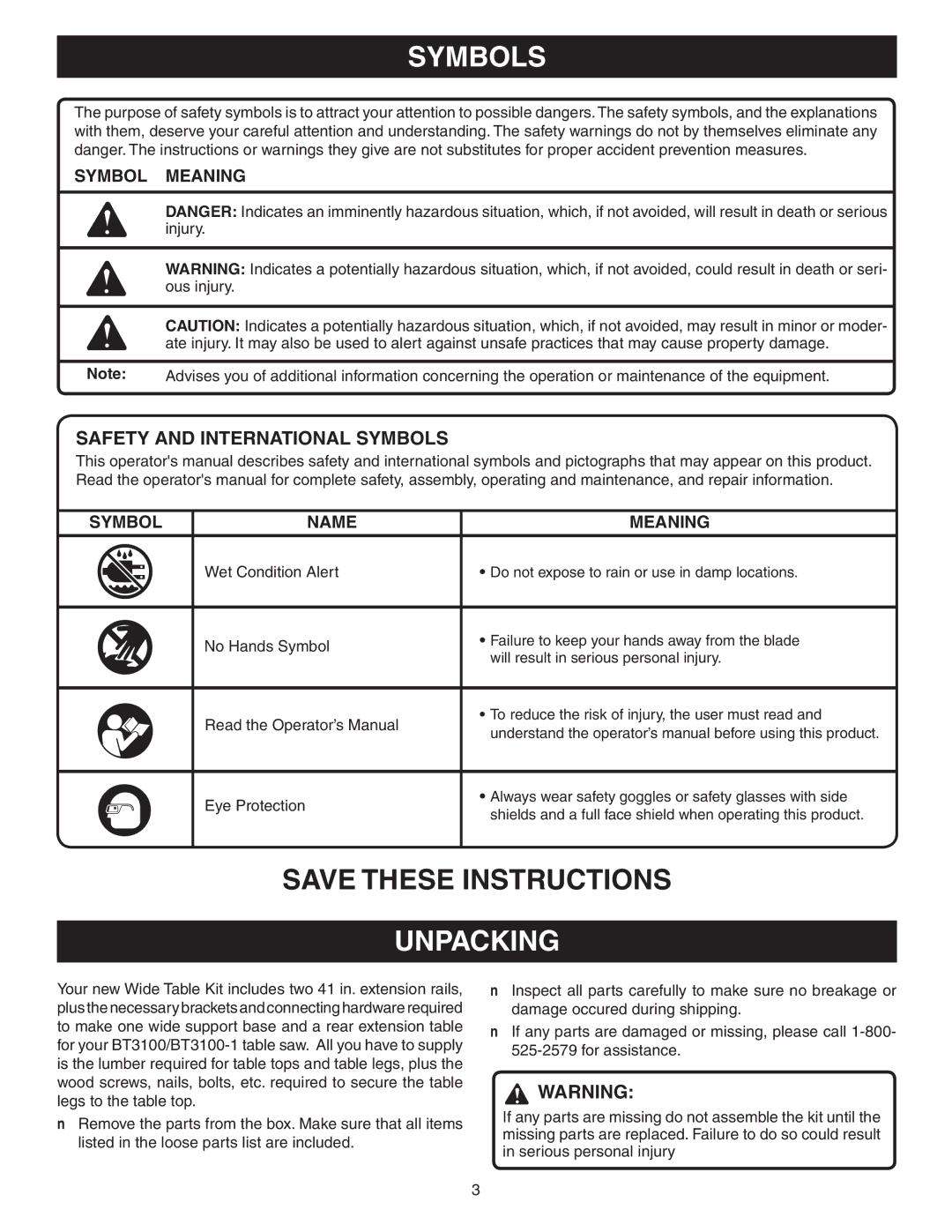 Ryobi 4730301 manual Unpacking, Safety and International Symbols 