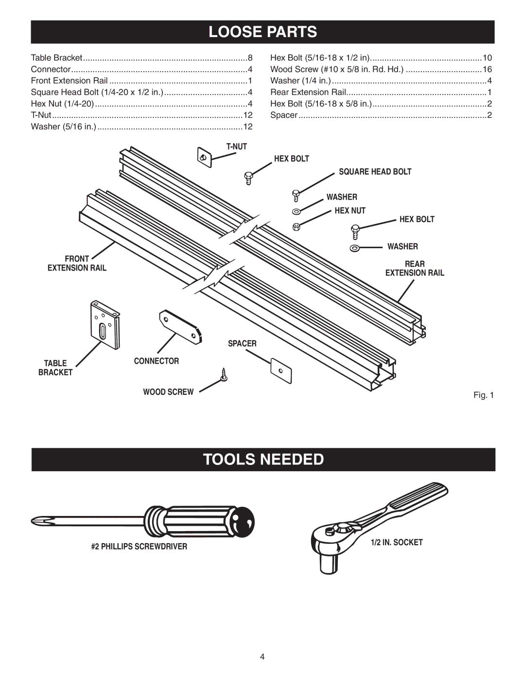 Ryobi 4730301 manual Loose Parts, Tools Needed 