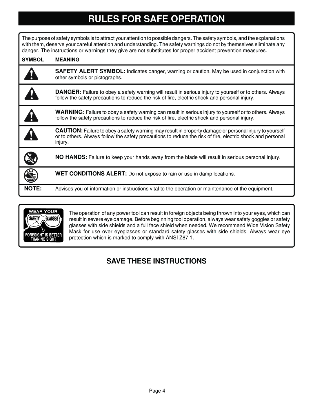 Ryobi 4950301 manual Symbol Meaning 