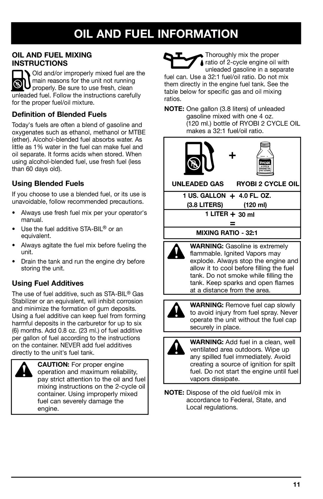 Ryobi 700r OIL and Fuel Information, OIL and Fuel Mixing Instructions, Definition of Blended Fuels, Using Blended Fuels 