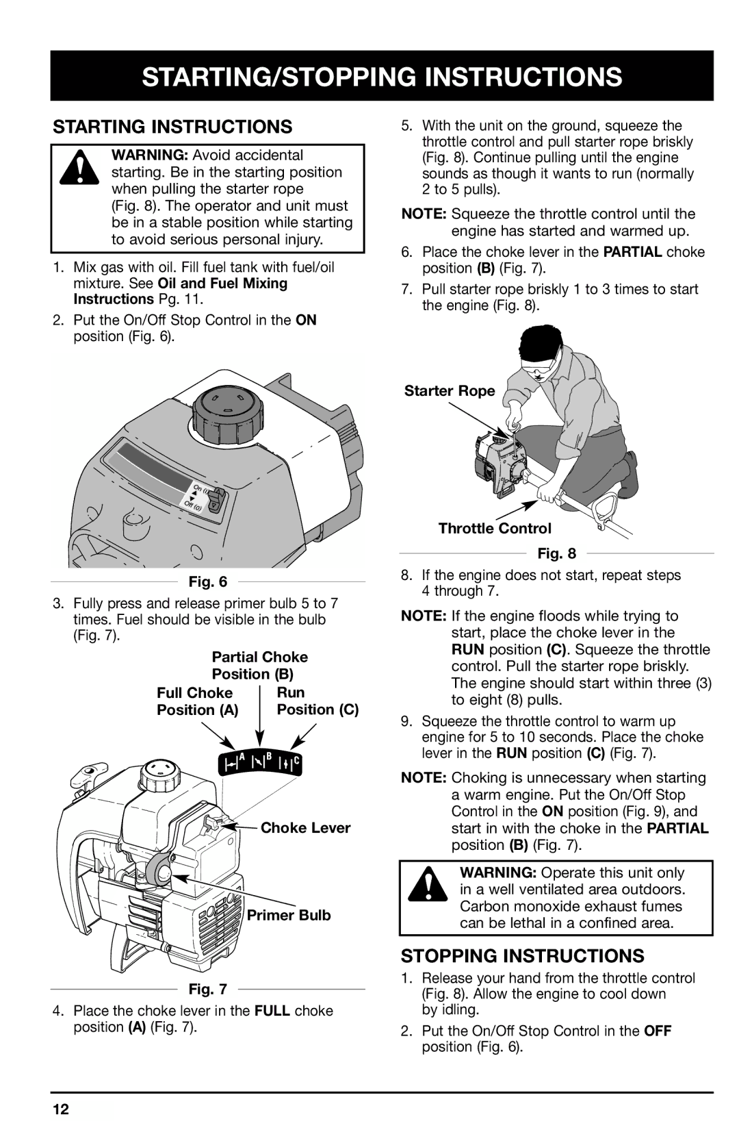 Ryobi 700r STARTING/STOPPING Instructions, Partial Choke Position B Full Choke Run Position a, Choke Lever Primer Bulb 