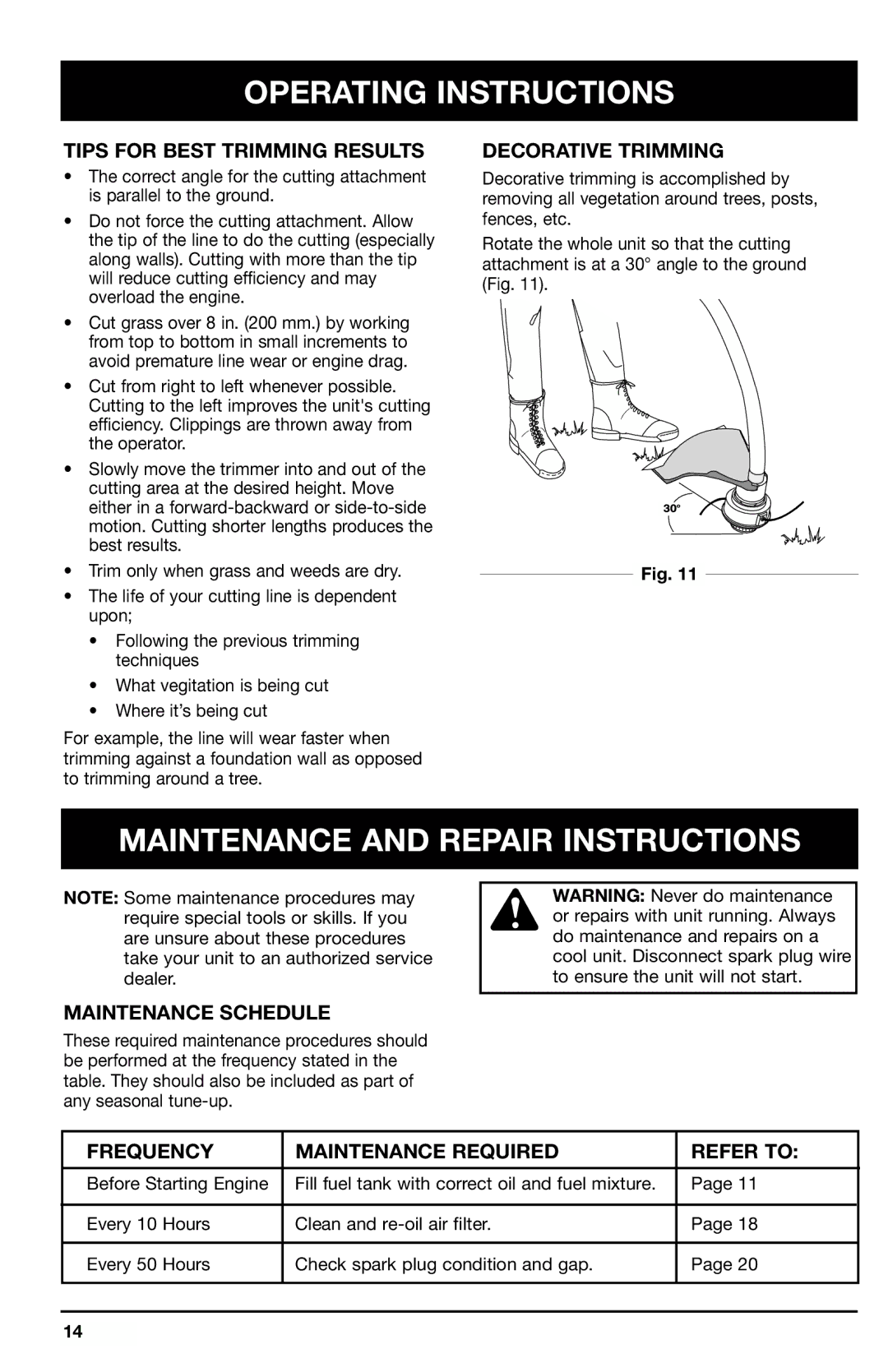 Ryobi 700r Maintenance and Repair Instructions, Tips for Best Trimming Results, Decorative Trimming, Maintenance Schedule 