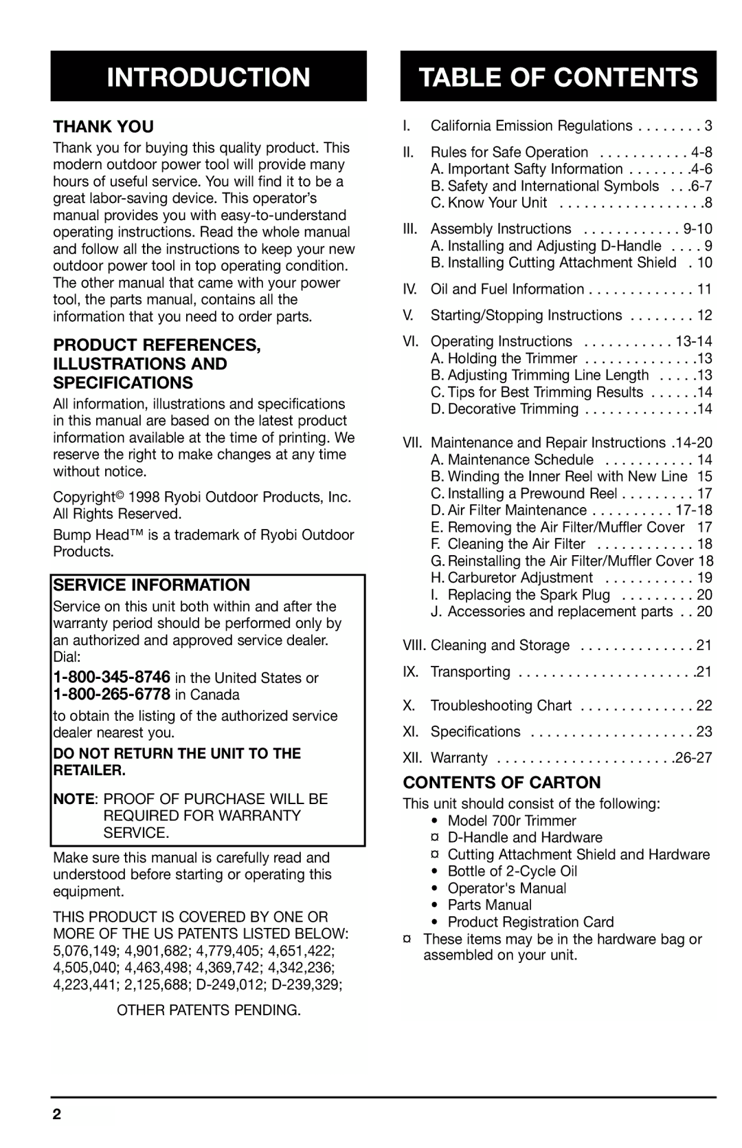 Ryobi 700r manual Introduction, Table of Contents 