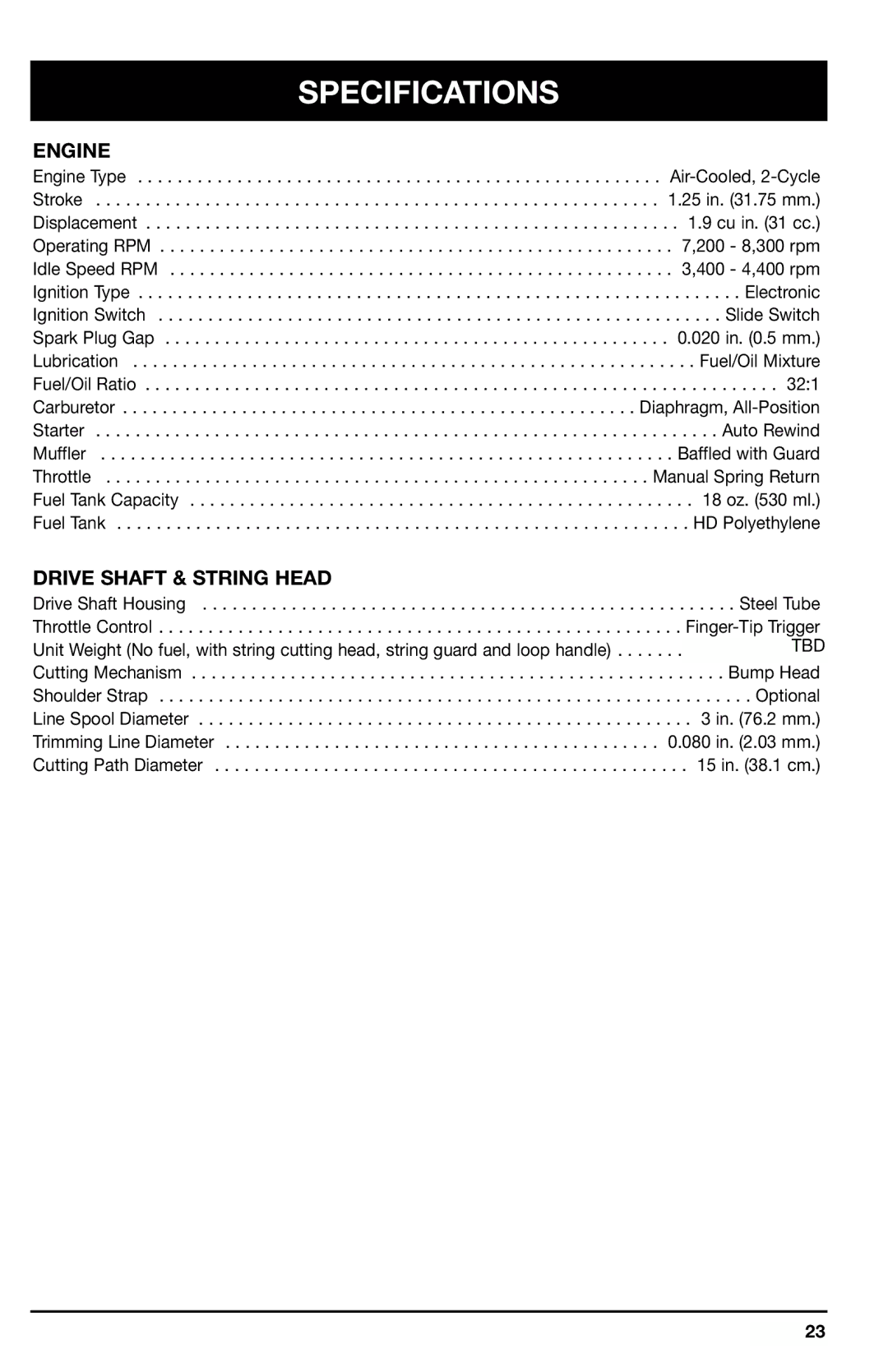 Ryobi 700r manual Specifications, Engine, Drive Shaft & String Head 