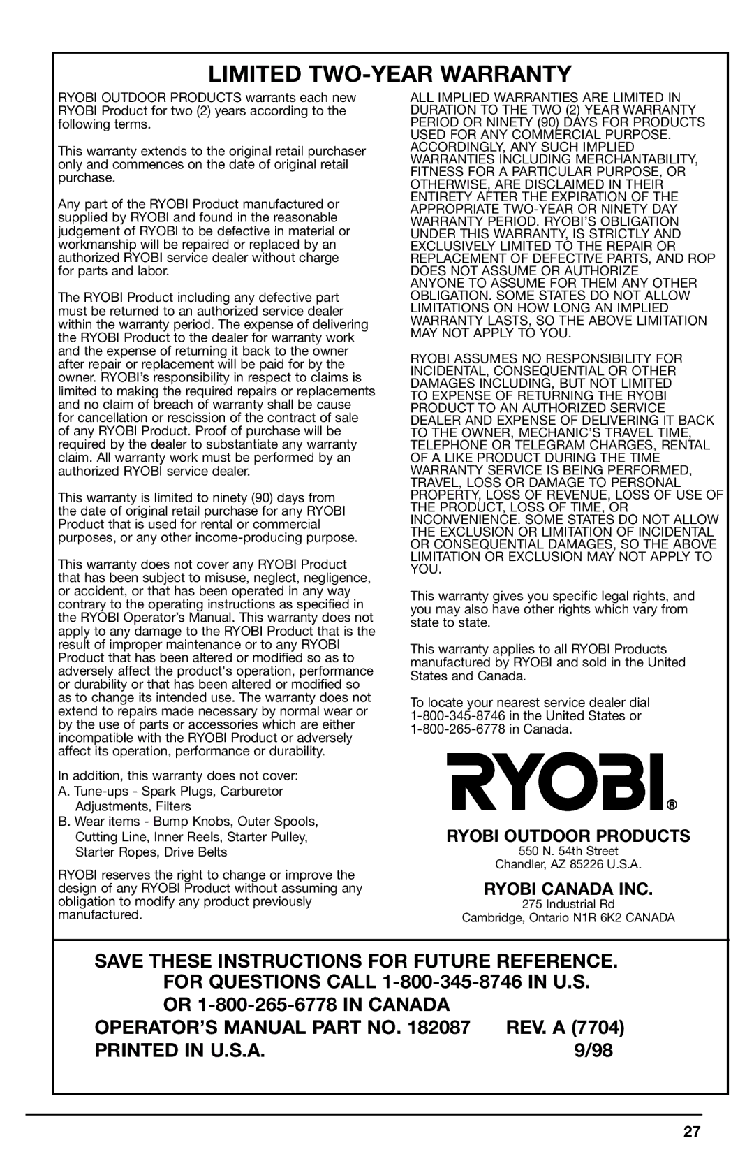 Ryobi 700r manual Ryobi Outdoor Products, Ryobi Canada INC 