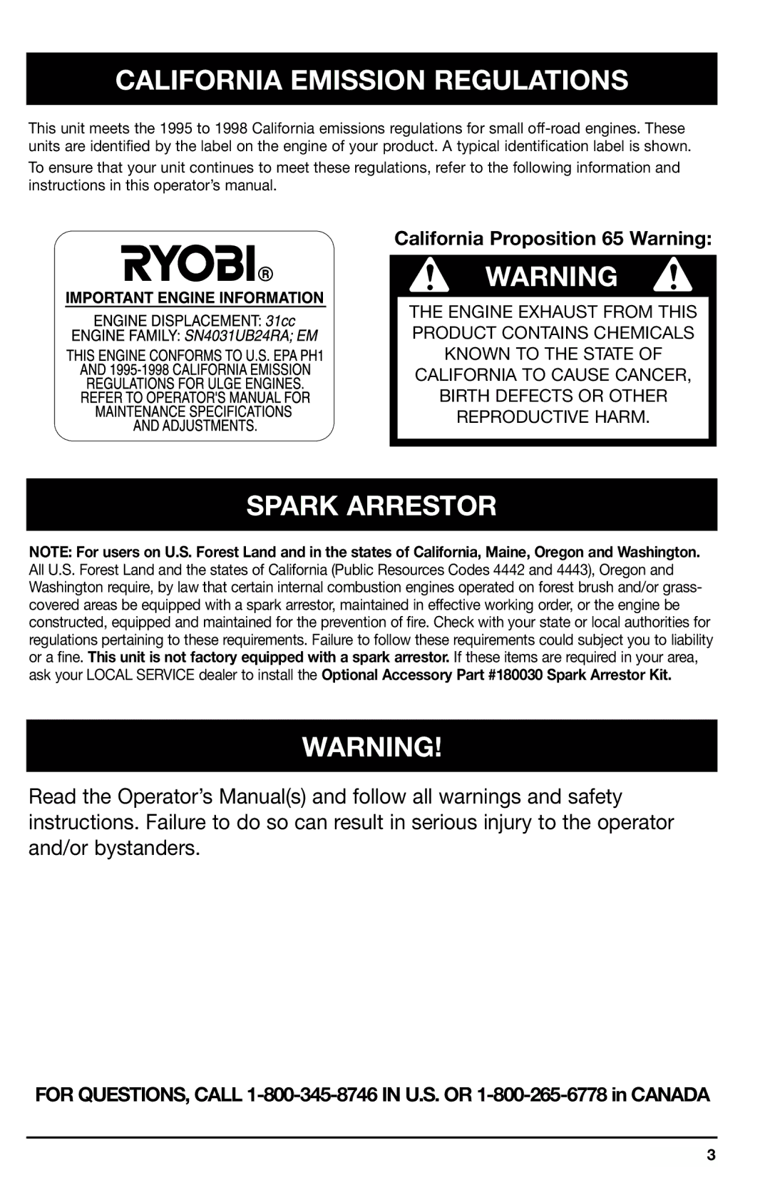 Ryobi 700r manual California Emission Regulations, Spark Arrestor 