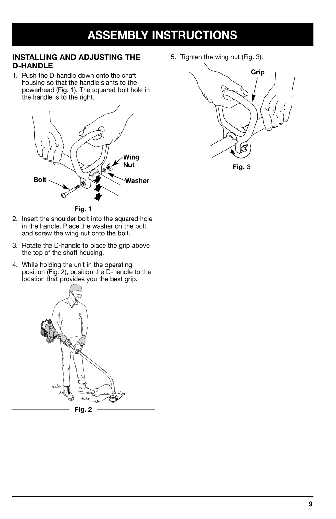 Ryobi 700r manual Assembly Instructions, Installing and Adjusting the D-HANDLE, Grip Wing Nut Bolt Washer 