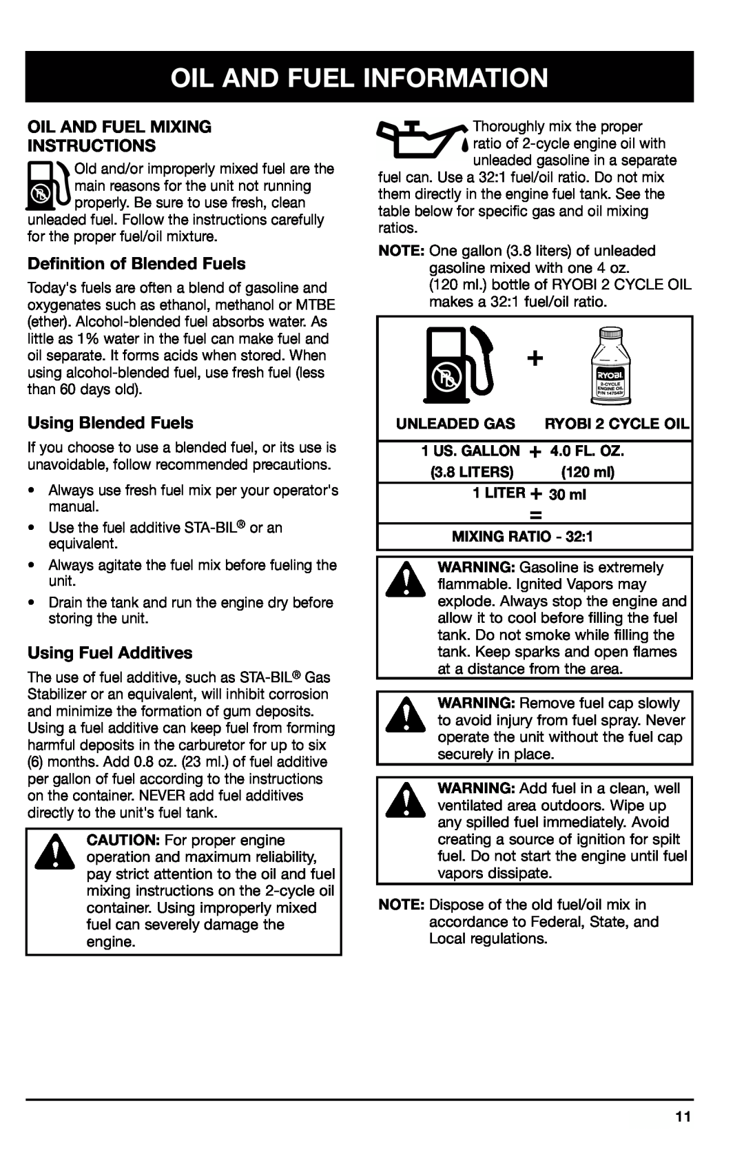 Ryobi 700r Oil And Fuel Information, Oil And Fuel Mixing Instructions, Definition of Blended Fuels, Using Blended Fuels 