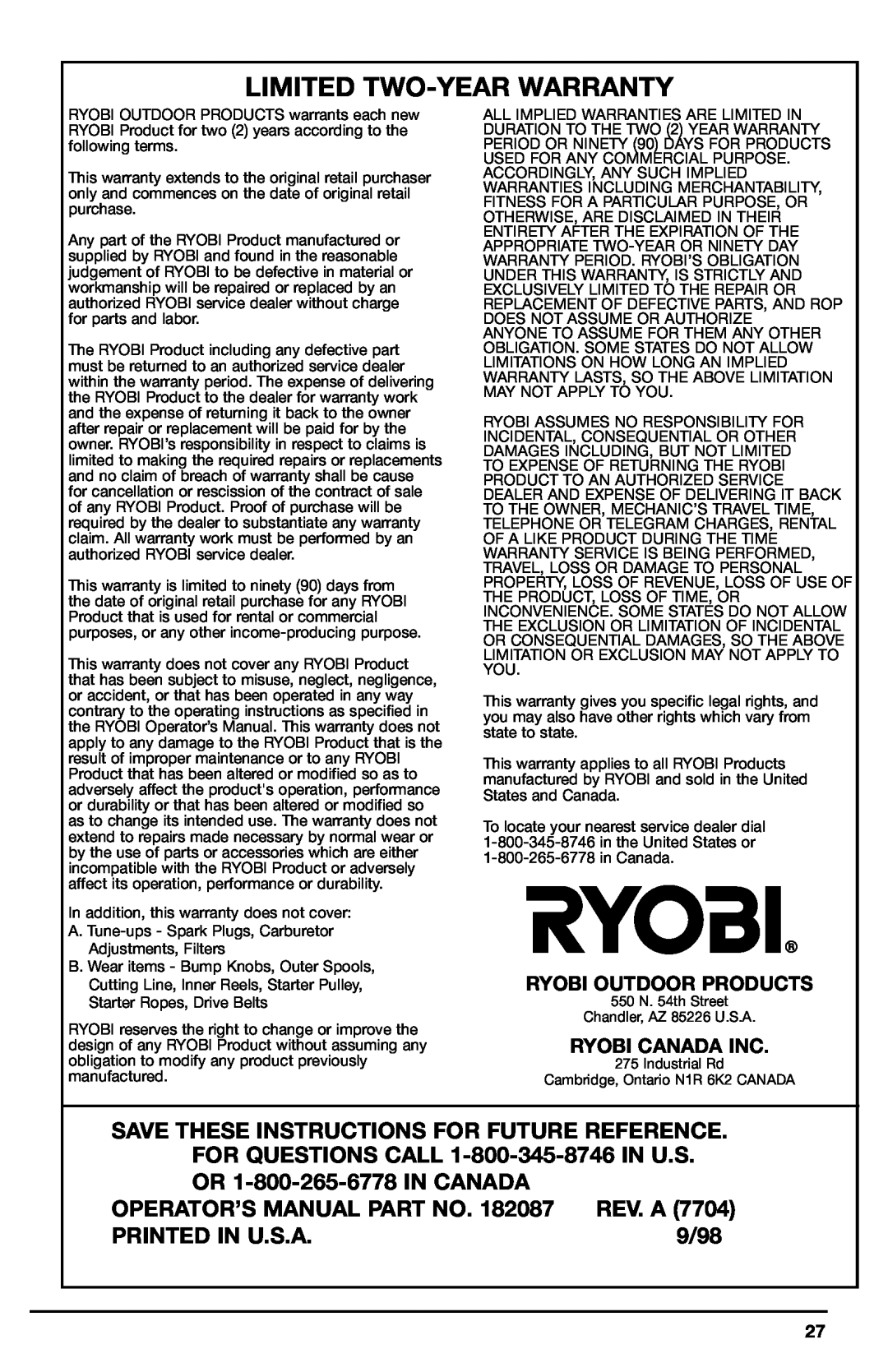 Ryobi 700r manual Limited Two-Year Warranty, OR 1-800-265-6778 IN CANADA, Operator’S Manual Part No, Rev. A, 9/98 