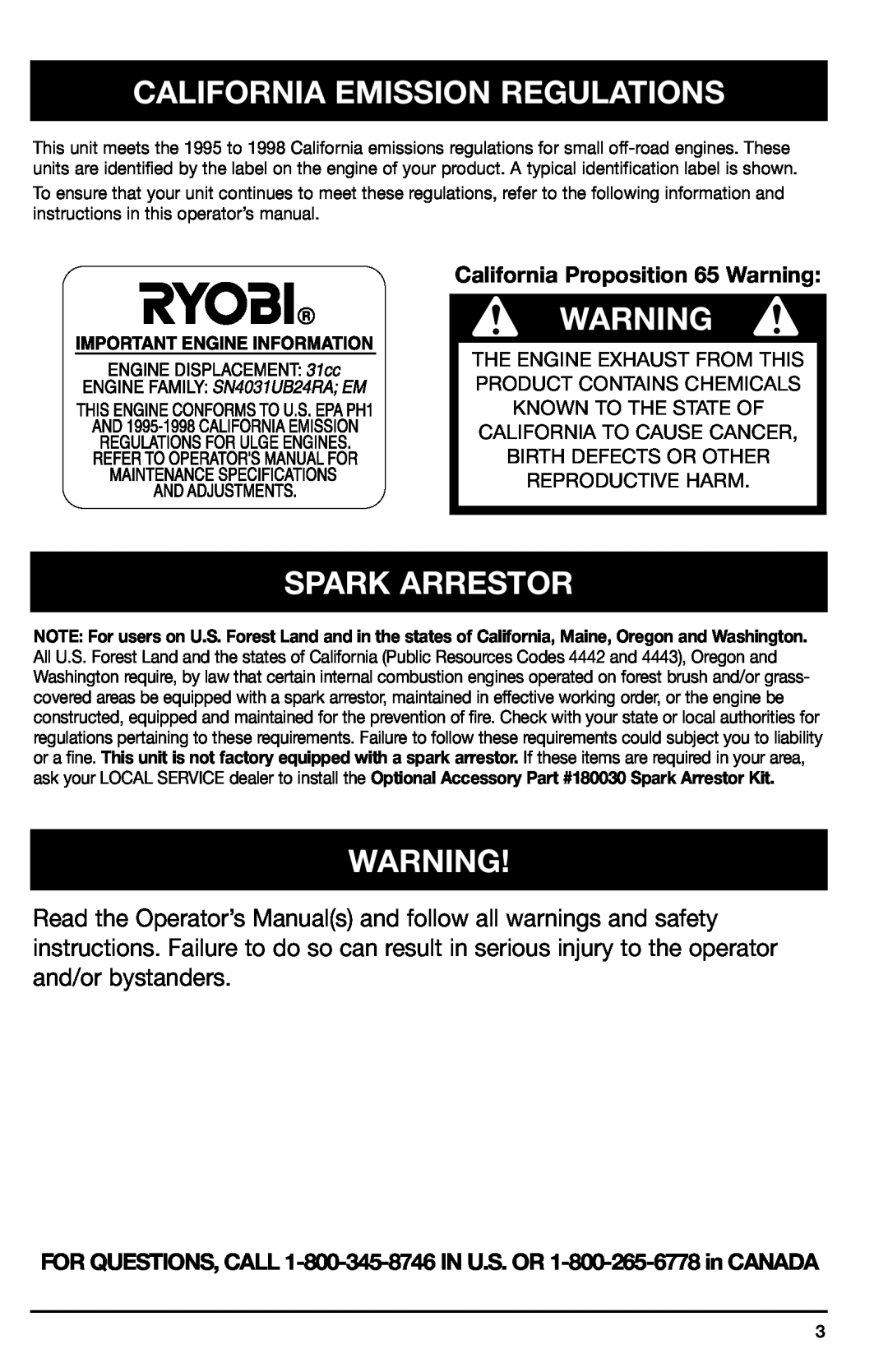 Ryobi 700r manual California Emission Regulations, Spark Arrestor, California Proposition 65 Warning 