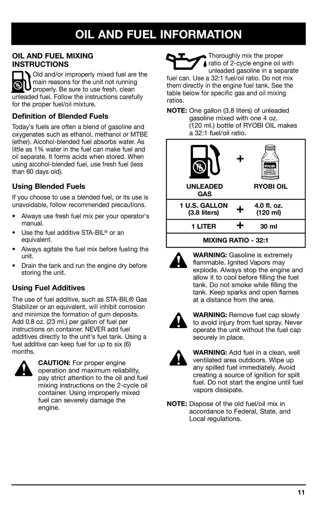 Ryobi 705r OIL and Fuel Information, OIL and Fuel Mixing Instructions, Definition of Blended Fuels, Using Blended Fuels 