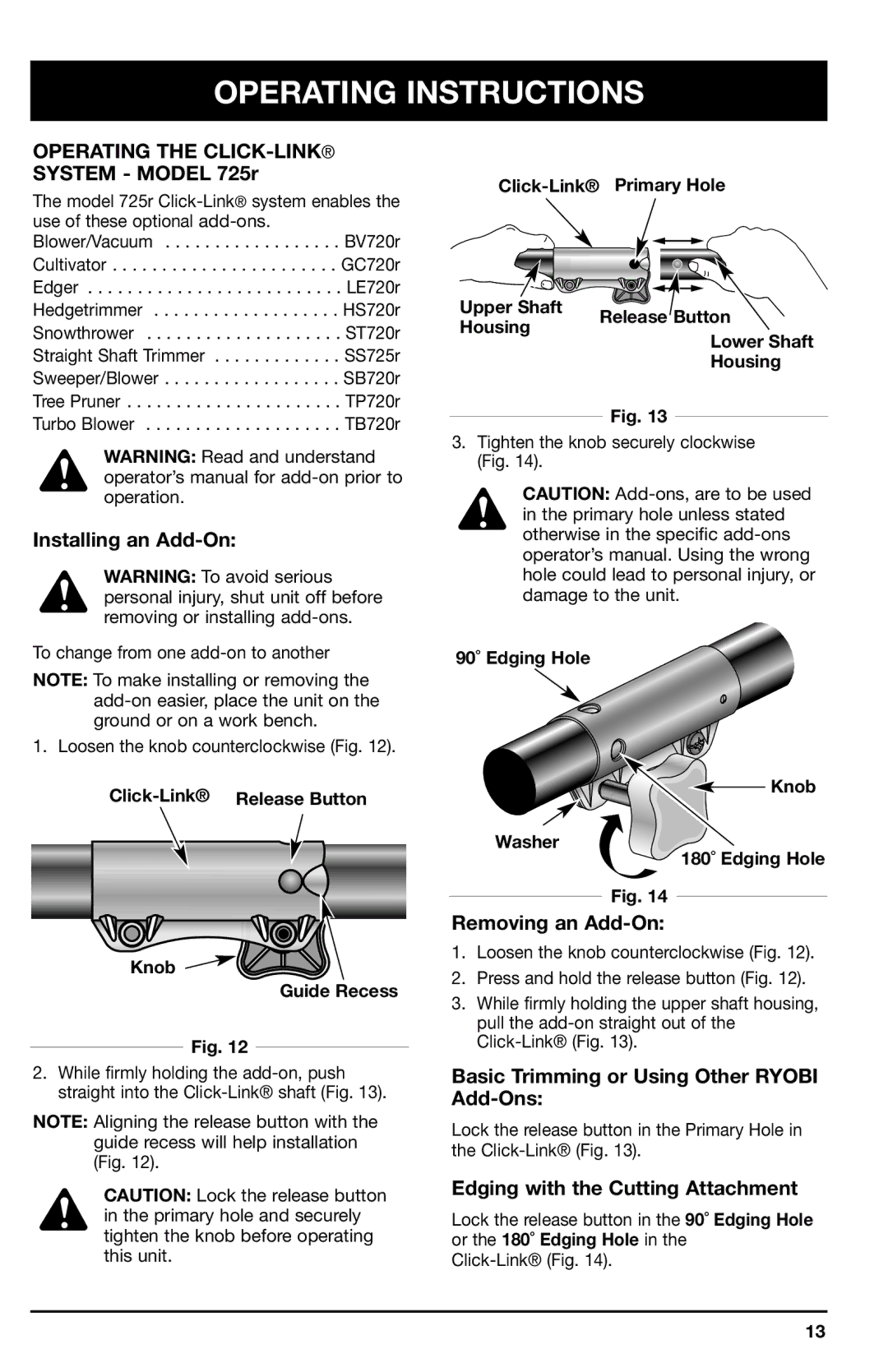 Ryobi 705r, 725r manual Operating Instructions, Operating the CLICK-LINK 