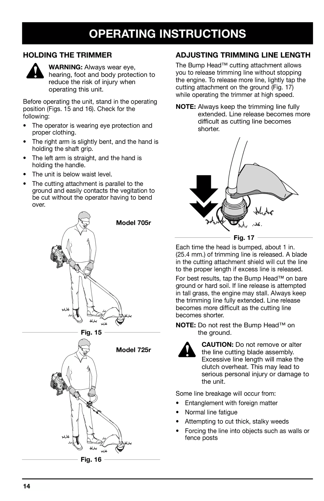 Ryobi manual Holding the Trimmer Adjusting Trimming Line Length, Model 705r Model 725r 