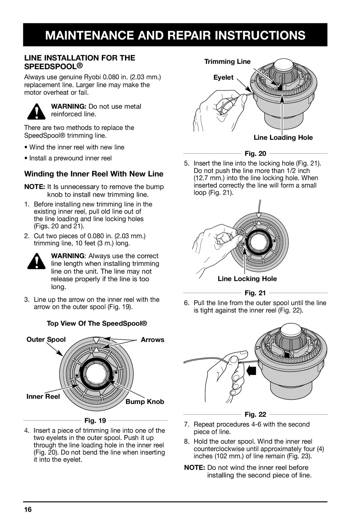 Ryobi 725r, 705r manual Line Installation for the Speedspool, Winding the Inner Reel With New Line 