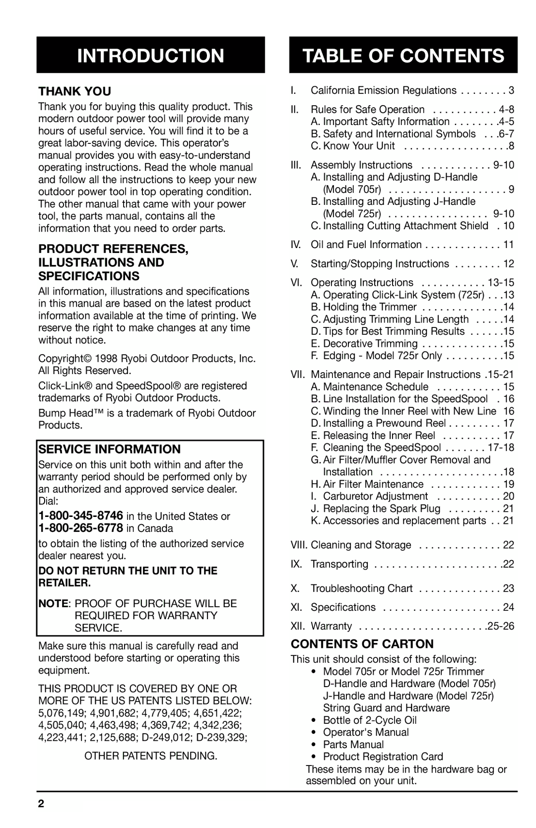 Ryobi 725r, 705r manual Introduction, Table of Contents 