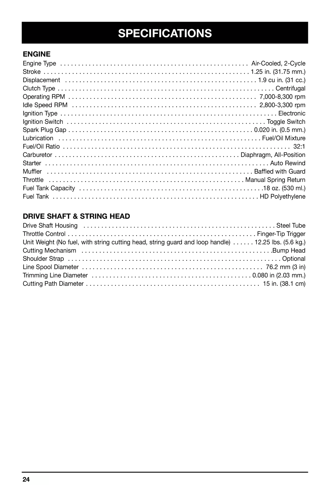 Ryobi 725r, 705r manual Specifications, Engine, Drive Shaft & String Head 