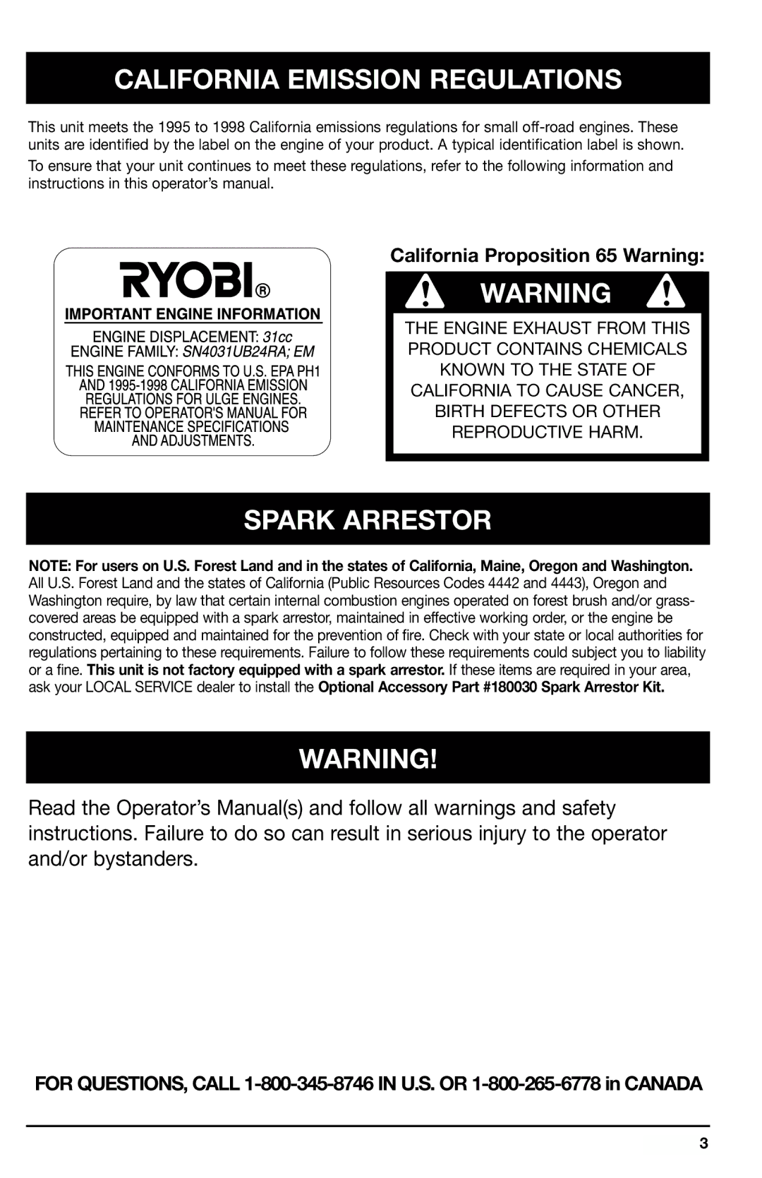 Ryobi 705r, 725r manual California Emission Regulations, Spark Arrestor 