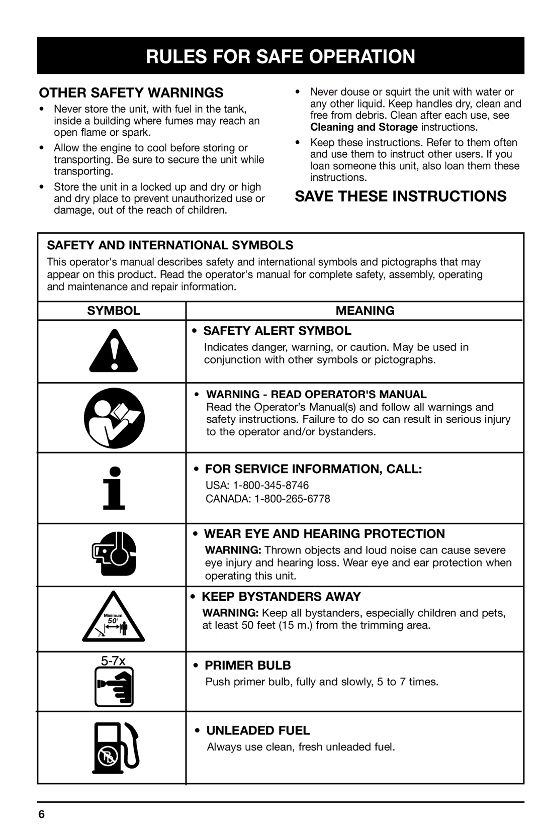 Ryobi 725r Other Safety Warnings, Safety and International Symbols, Symbol Meaning Safety Alert Symbol, Unleaded Fuel 