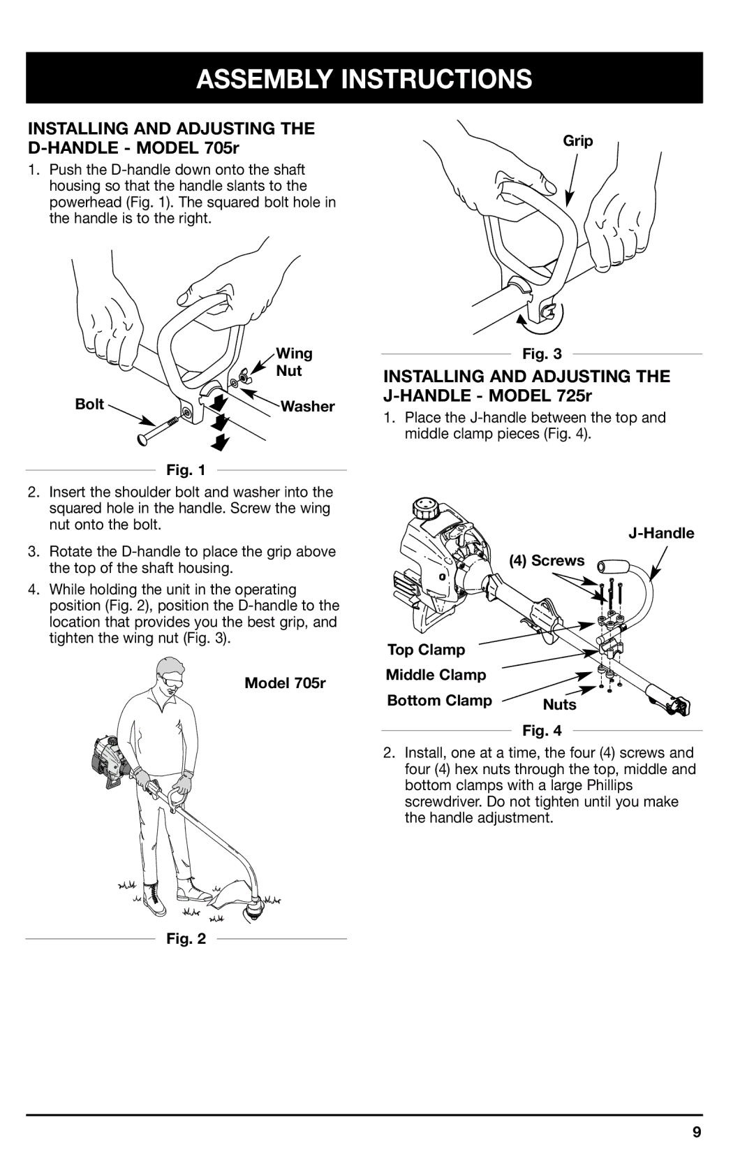 Ryobi 725r manual Assembly Instructions, Installing and Adjusting the D-HANDLE Model 705r 