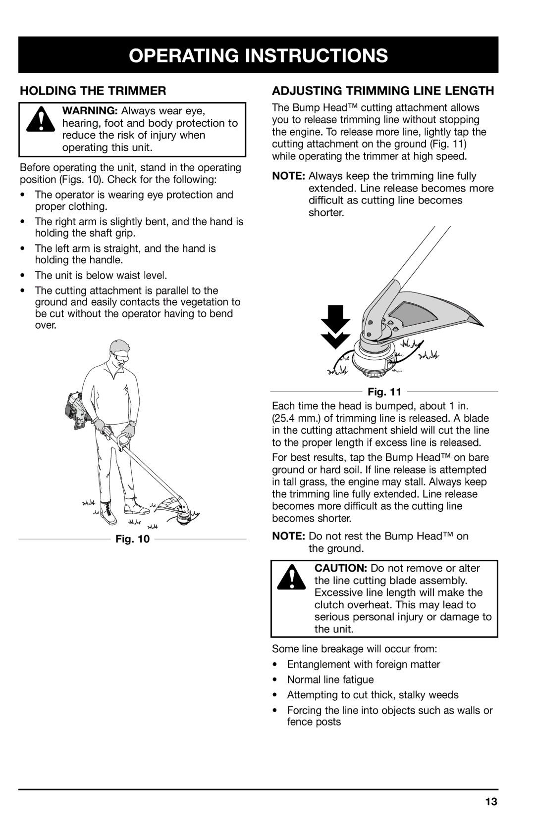 Ryobi 766r manual Operating Instructions, Holding the Trimmer Adjusting Trimming Line Length 