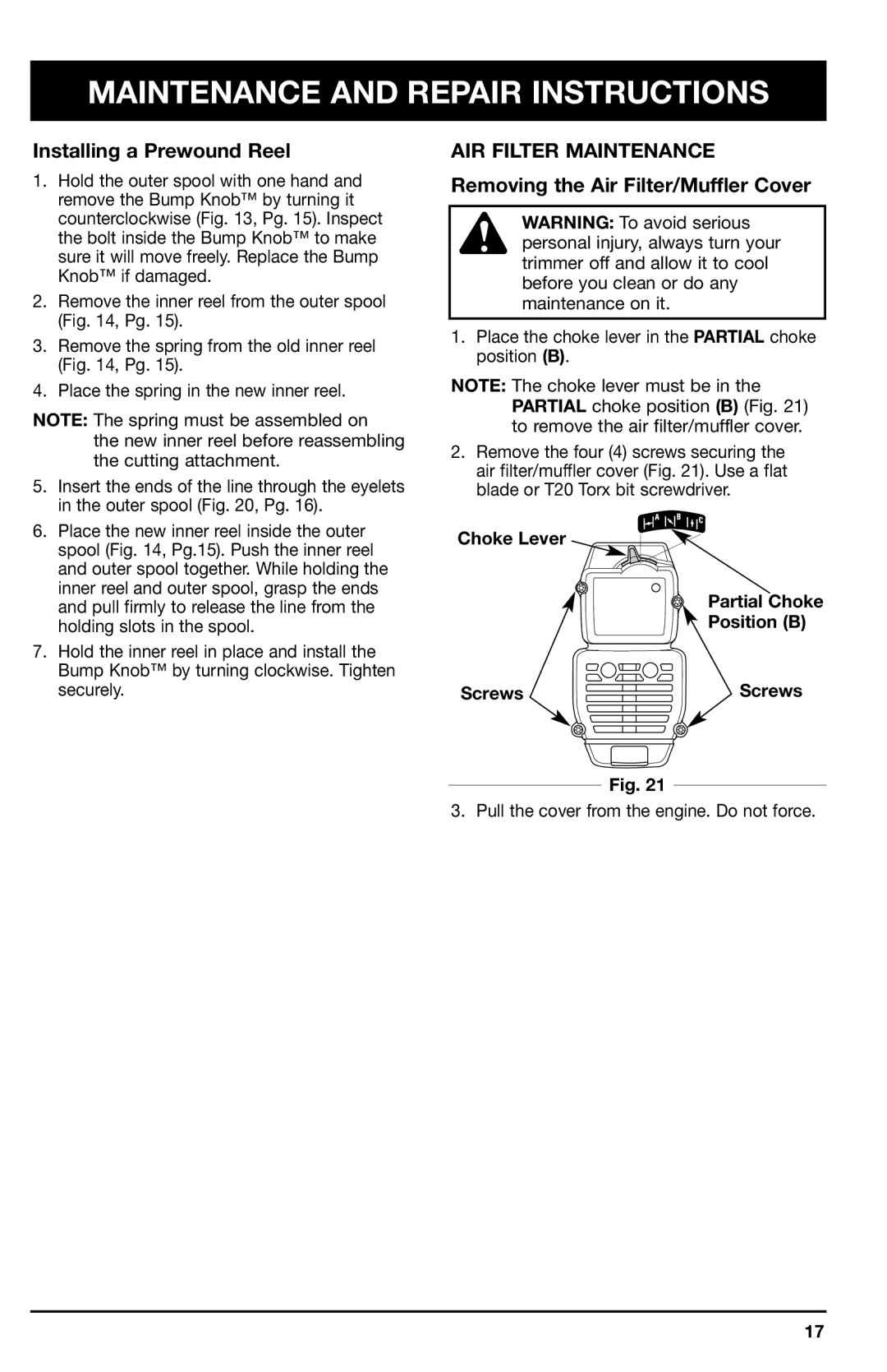 Ryobi 766r manual Installing a Prewound Reel, AIR Filter Maintenance, Removing the Air Filter/Muffler Cover 