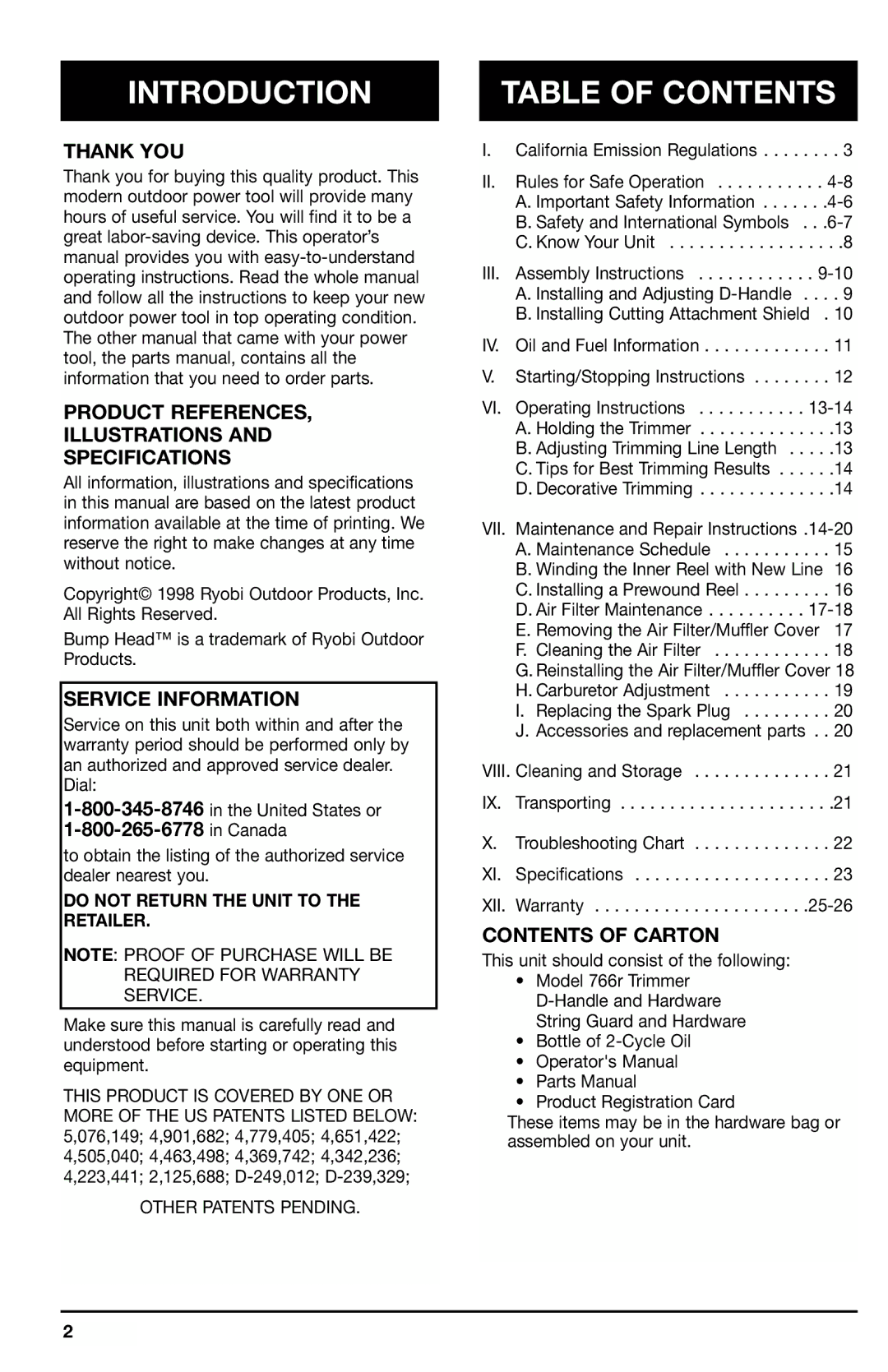 Ryobi 766r manual Introduction, Table of Contents 