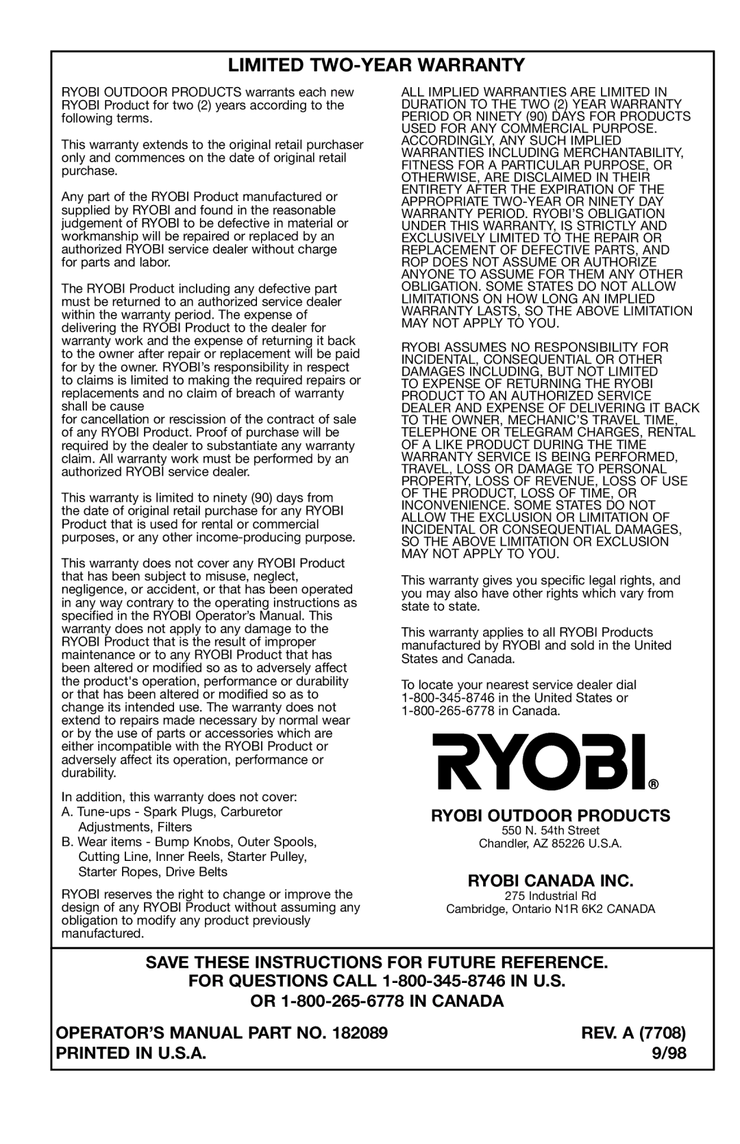 Ryobi 766r manual Limited TWO-YEAR Warranty, Ryobi Outdoor Products, Ryobi Canada INC, OPERATOR’S Manual Part no 