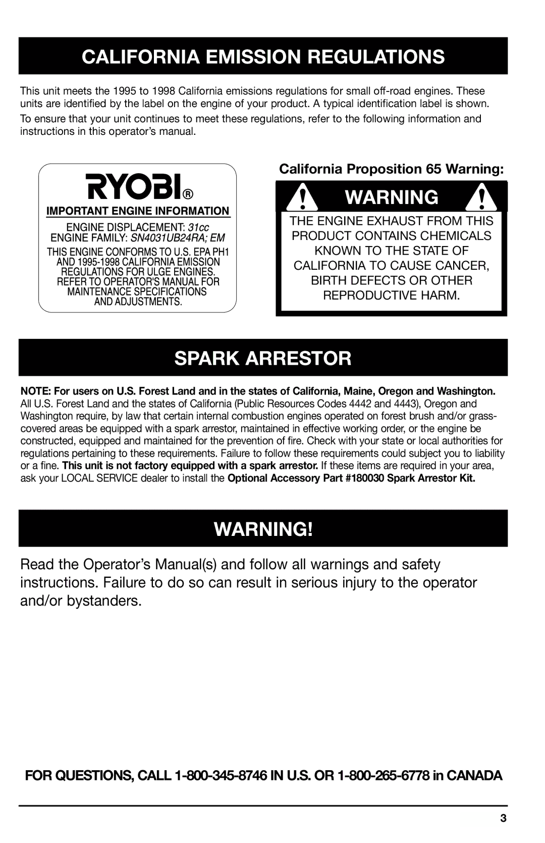 Ryobi 766r manual California Emission Regulations, Spark Arrestor 