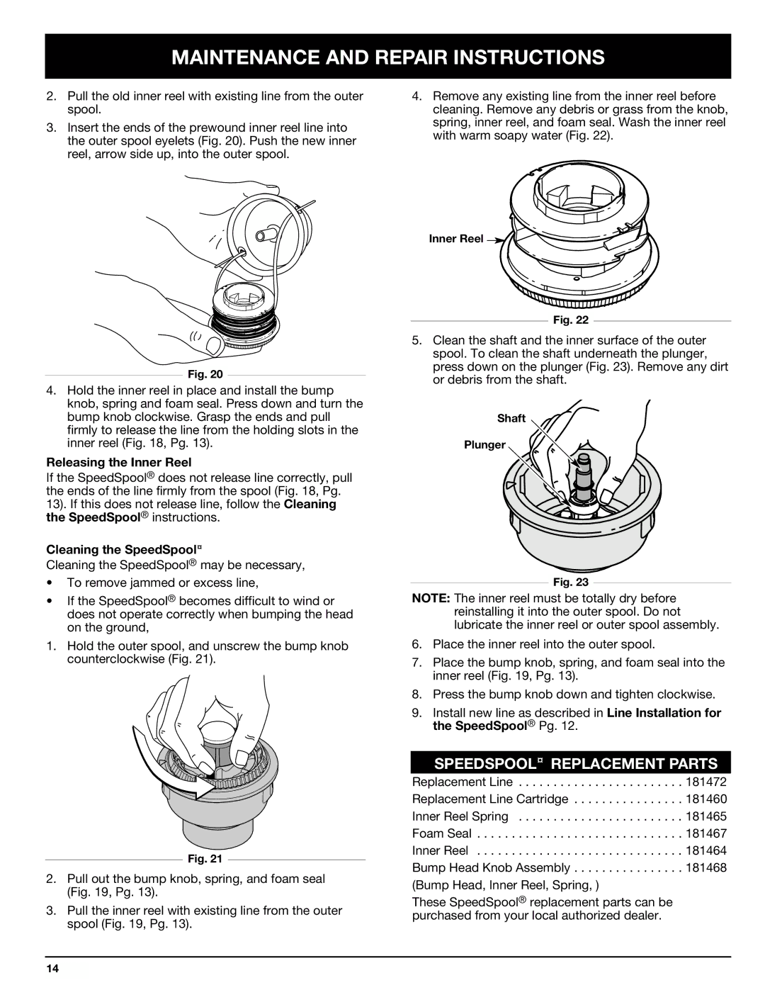 Ryobi 767rj manual Speedspool Replacement Parts, Releasing the Inner Reel, Cleaning the SpeedSpool 