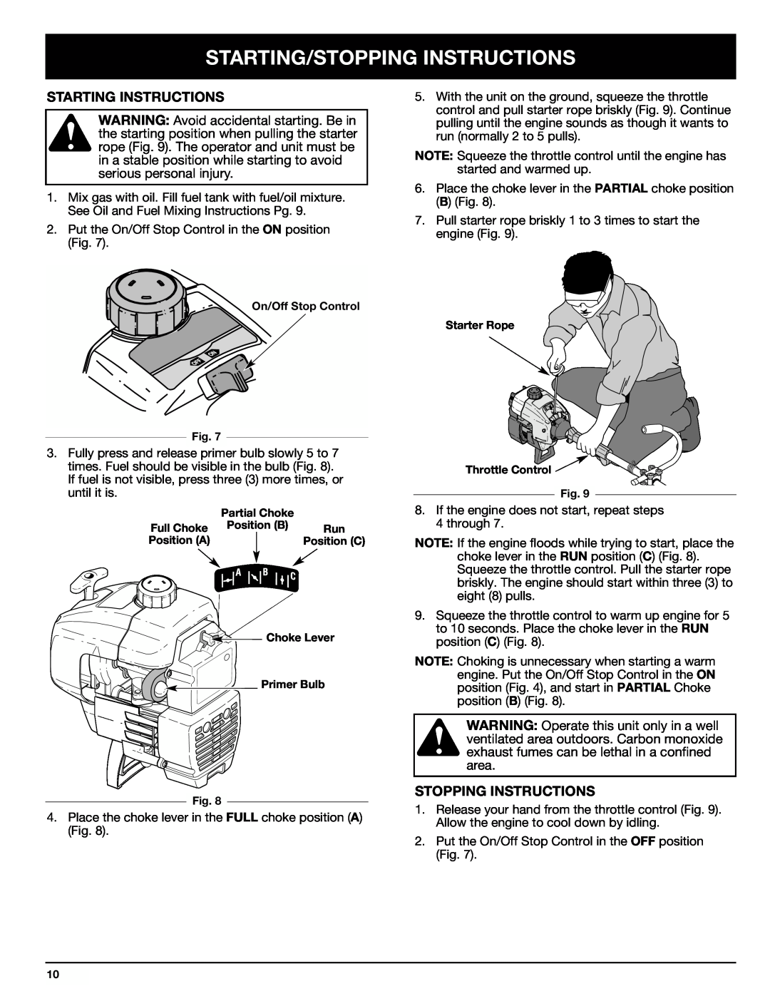 Ryobi 767rj manual Starting/Stopping Instructions, Starting Instructions 