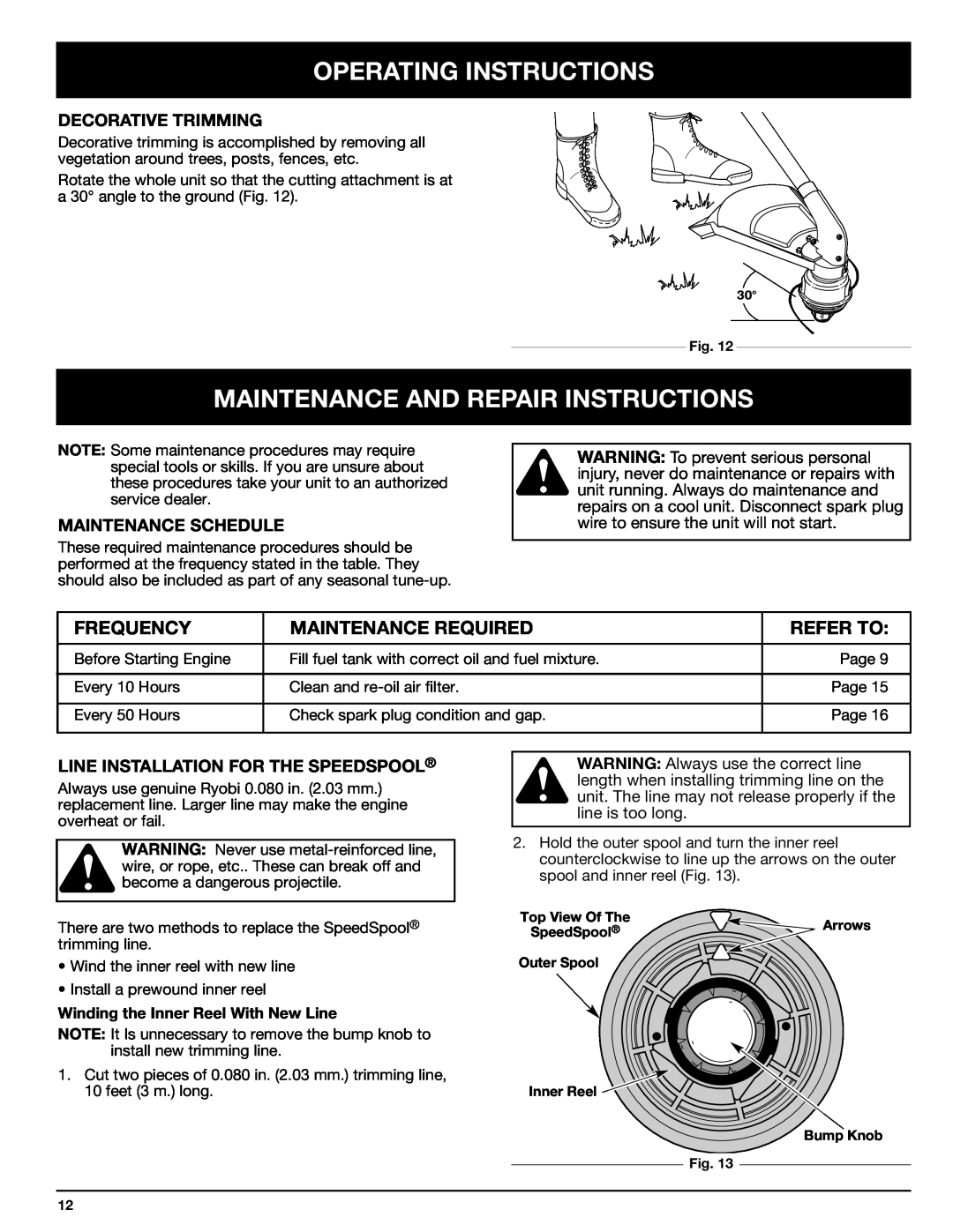 Ryobi 767rj manual Maintenance And Repair Instructions, Frequency, Maintenance Required, Refer To, Operating Instructions 