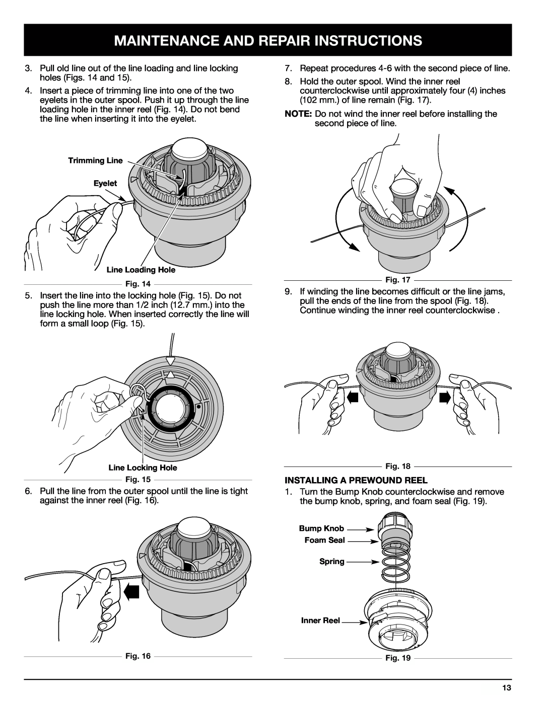 Ryobi 767rj Maintenance And Repair Instructions, Installing A Prewound Reel, Trimming Line Eyelet Line Loading Hole Fig 