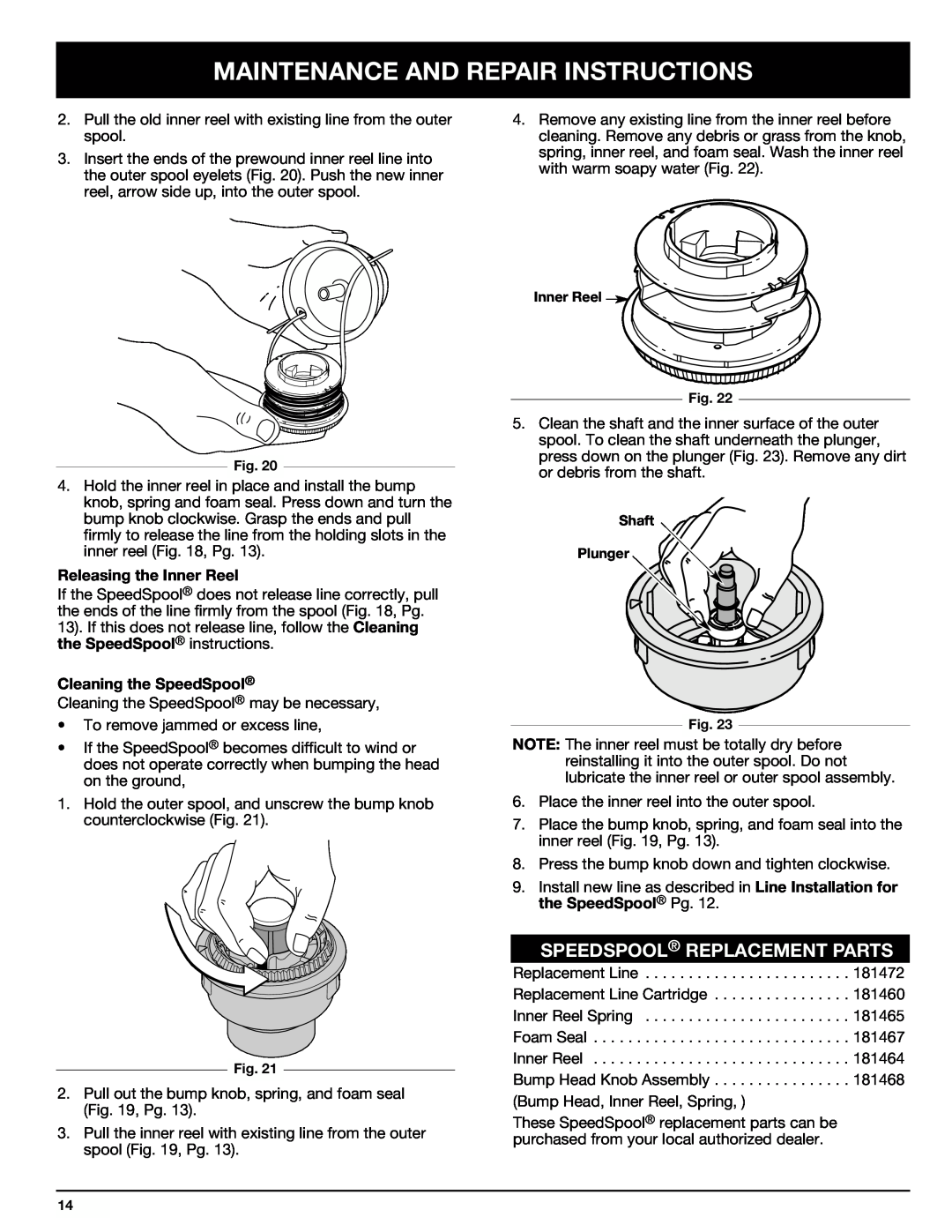 Ryobi 767rj manual Speedspool Replacement Parts, Maintenance And Repair Instructions, Releasing the Inner Reel 