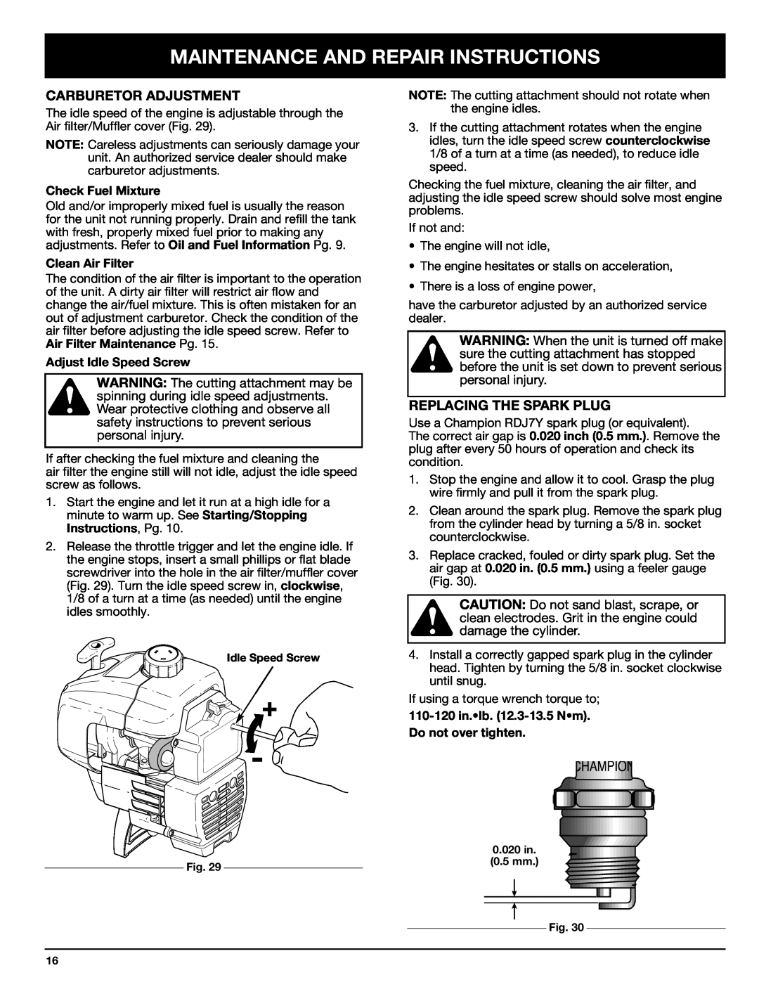 Ryobi 767rj manual Maintenance And Repair Instructions, Carburetor Adjustment, Replacing The Spark Plug, Check Fuel Mixture 
