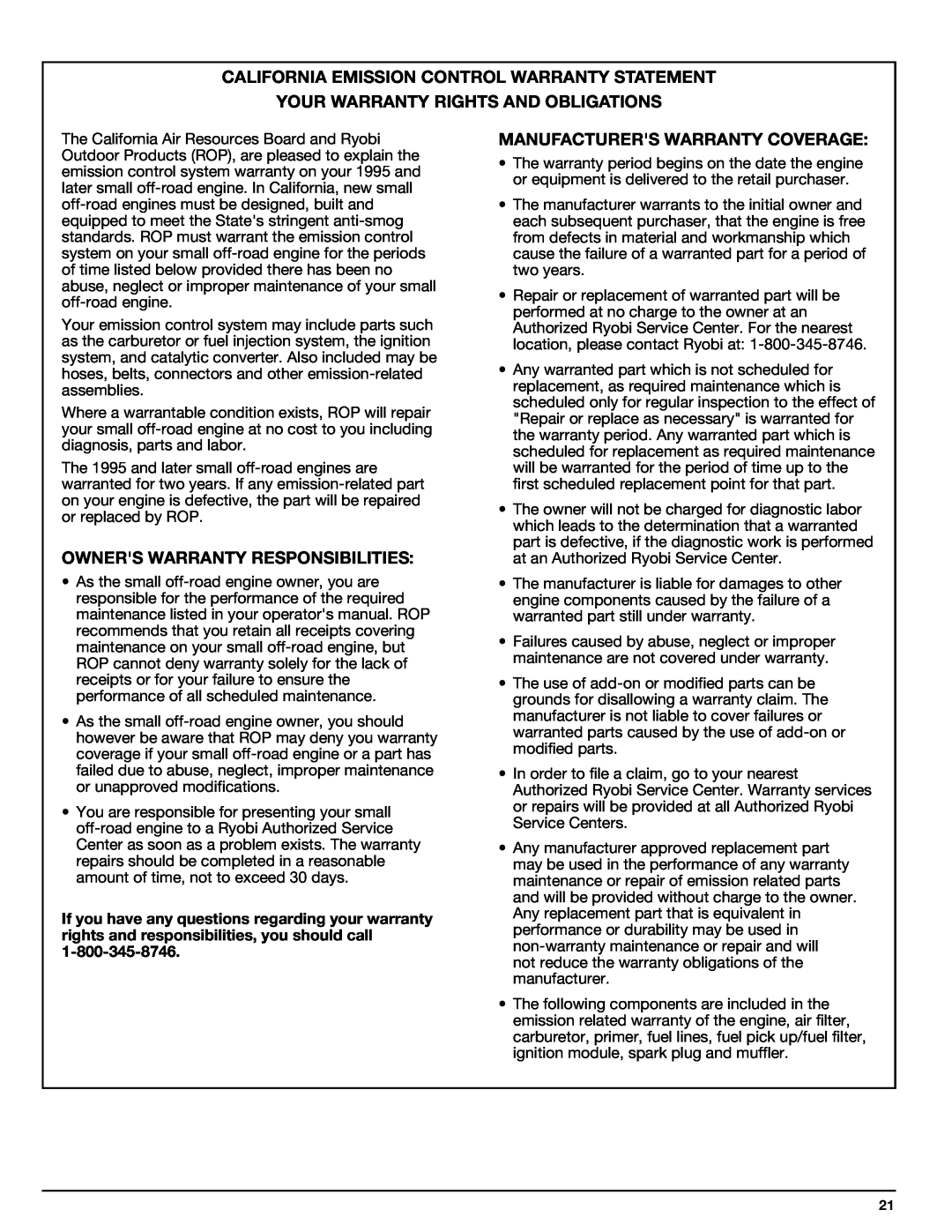 Ryobi 767rj manual California Emission Control Warranty Statement, Your Warranty Rights And Obligations 