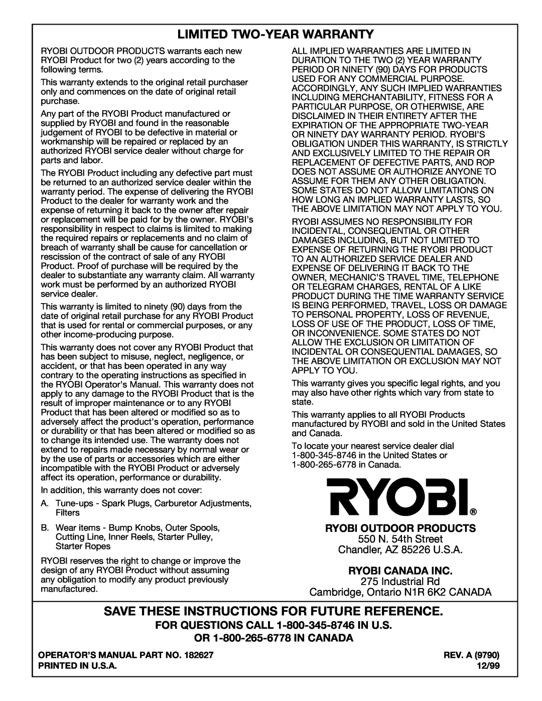 Ryobi 767rj Limited Two-Yearwarranty, Save These Instructions For Future Reference, Ryobi Outdoor Products, Industrial Rd 