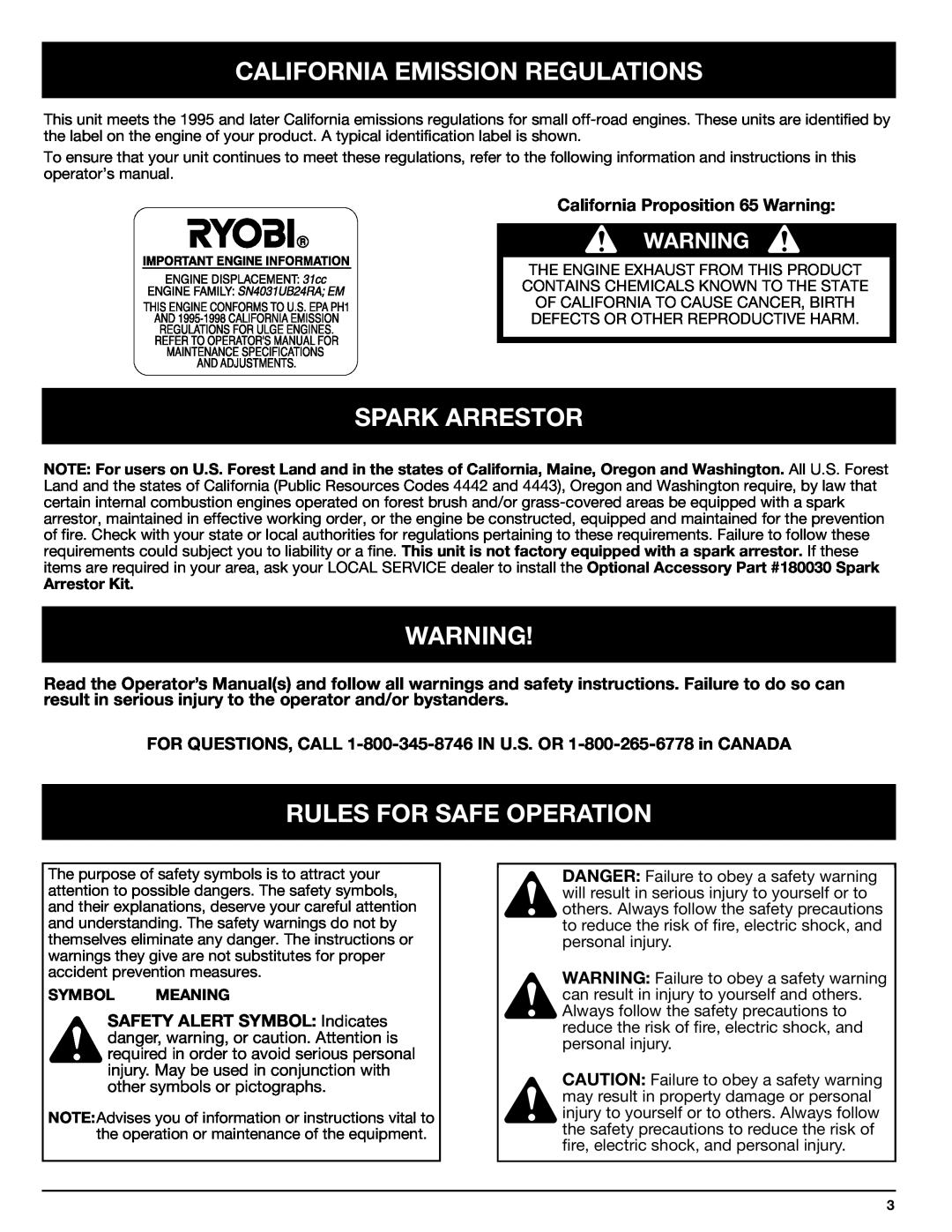 Ryobi 767rj manual California Emission Regulations, Spark Arrestor, Rules For Safe Operation 