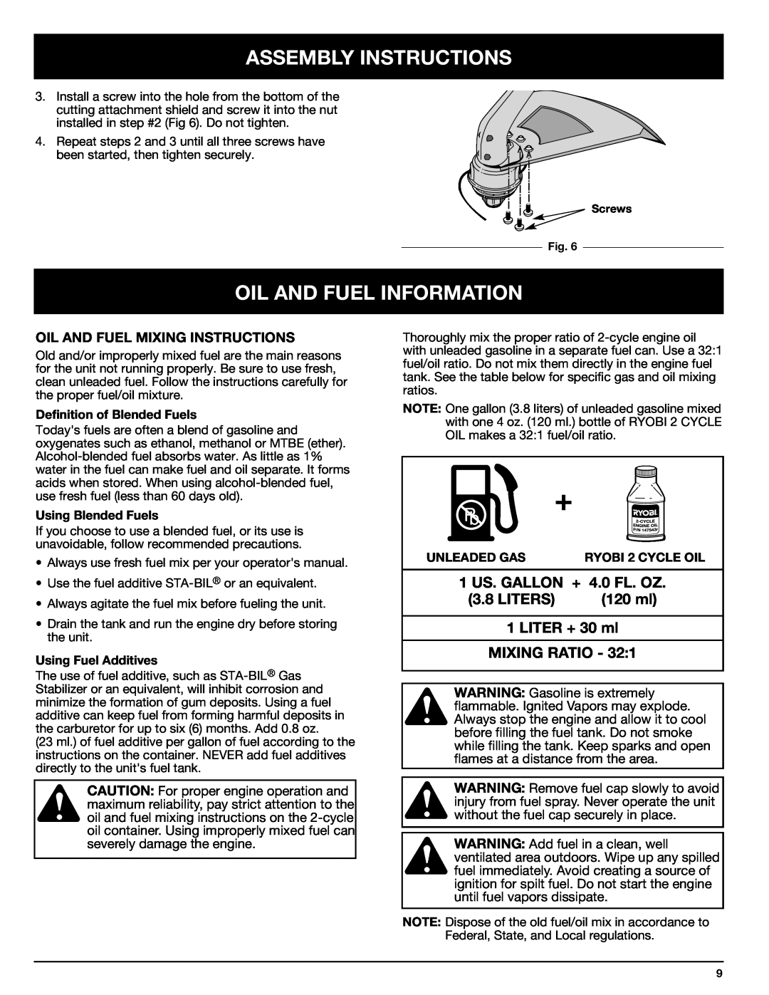 Ryobi 767rj manual Oil And Fuel Information, 1 US. GALLON + 4.0 FL. OZ, Liters, 120 ml, LITER + 30 ml MIXING RATIO - 32:1 