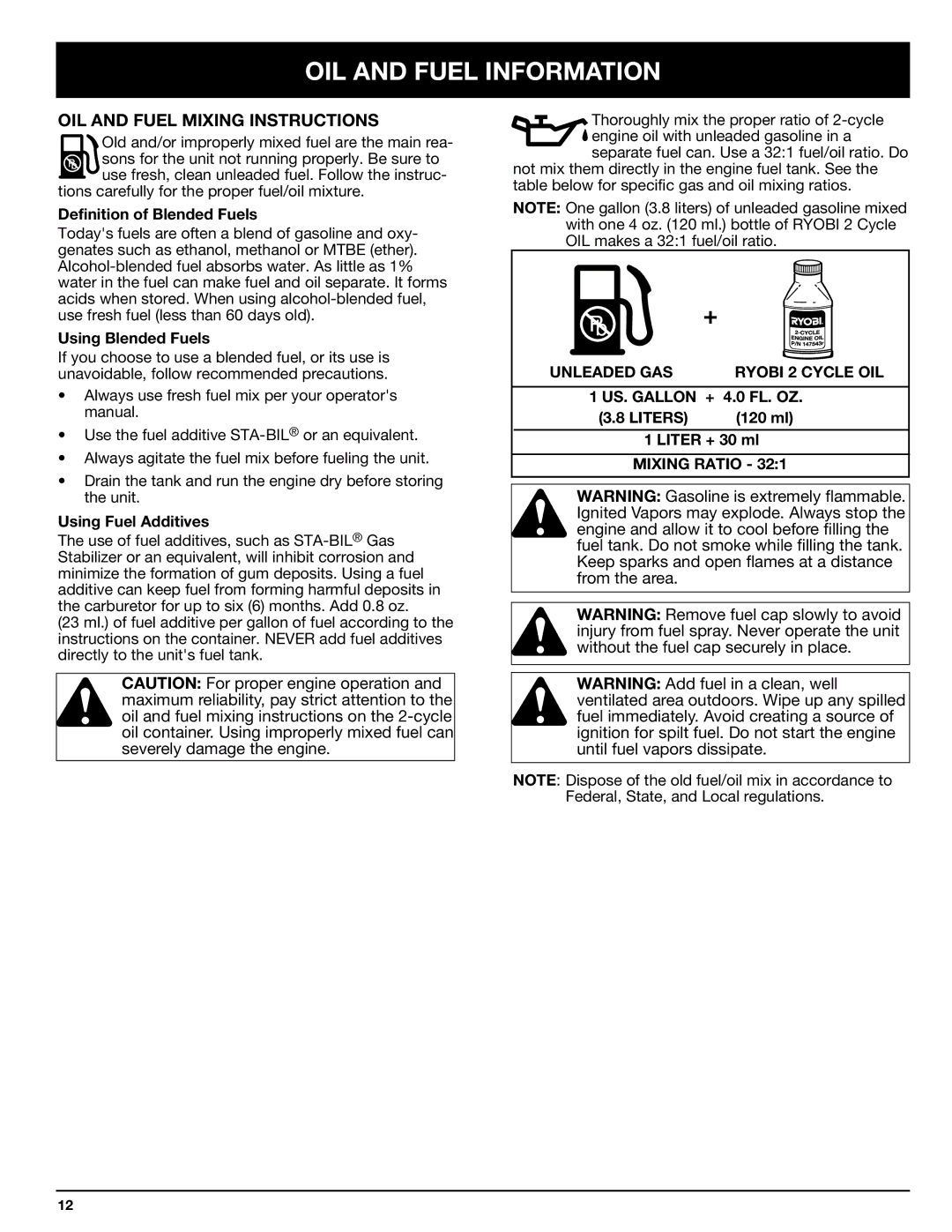 Ryobi 768r manual OIL and Fuel Information, OIL and Fuel Mixing Instructions 