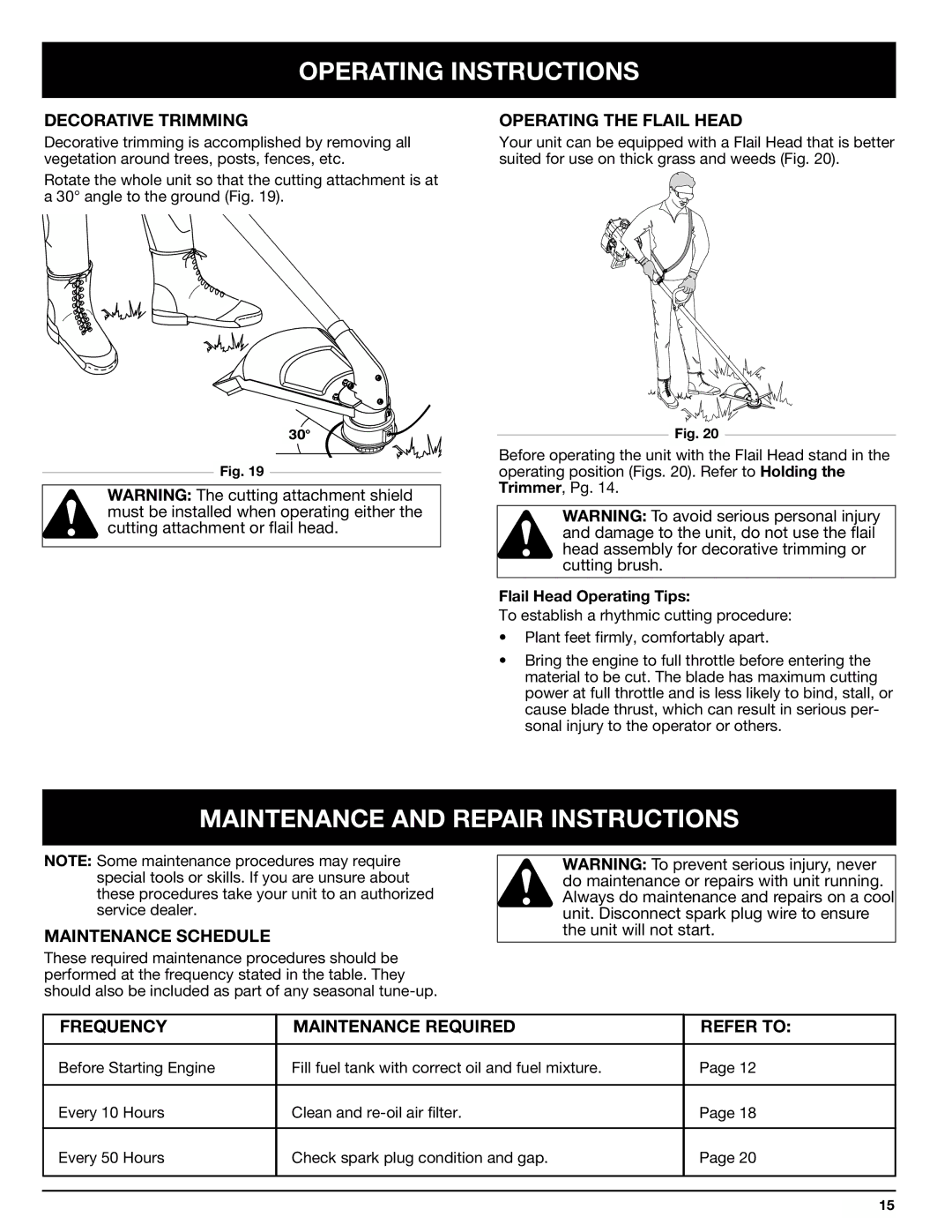 Ryobi 768r manual Maintenance and Repair Instructions, Decorative Trimming, Operating the Flail Head, Maintenance Schedule 