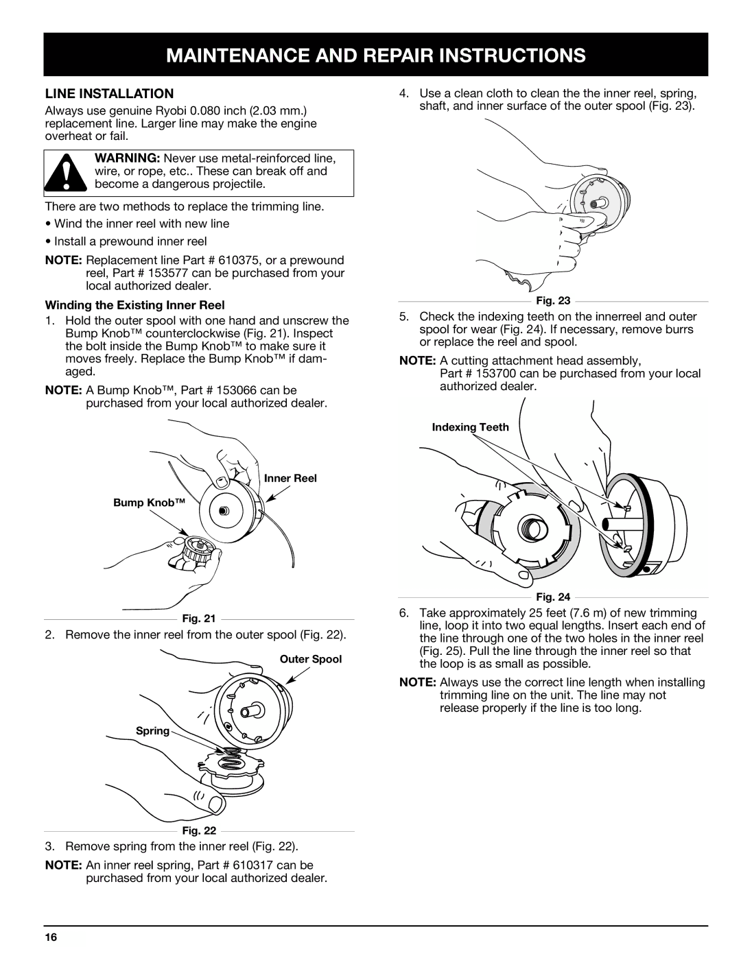 Ryobi 768r manual Line Installation, Winding the Existing Inner Reel 